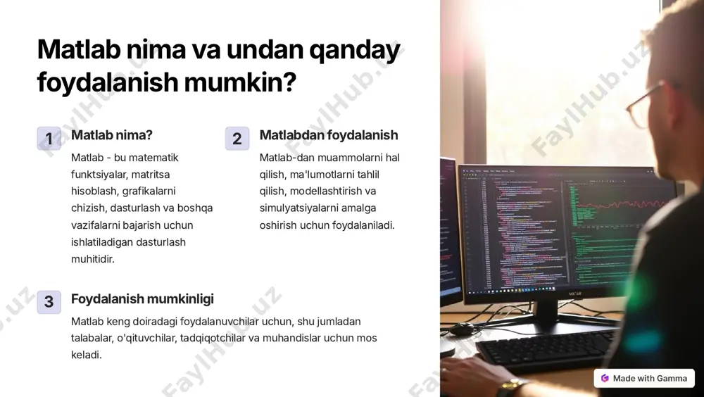e-with-gamma matlab skriptlari va funktsiyalari 1 skriptlar matlab skriptlari bir qator buyruqlar to'plamidir. 2 funktsiyalar matlab funktsiyalari ma'lum bir vazifani bajaruvchi kod bloklari. 3 foydalanish skriptlar va funktsiyalar takroriy kodni kamaytirish va dasturlarni yanada tashkil qilish uchun ishlatiladi. https://gamma.app/?utm_source=made-with-gamma matlab dasturlashining asosiy prinsiplari o'zgaruvchilar ma'lumotlarni saqlash uchun ishlatiladi operatorlar hisoblash, taqqoslash va boshqa operatsiyalarni bajarish uchun ishlatiladi shartli operatorlar dastur bajarilishini shartlarga qarab boshqarish uchun ishlatiladi tsikl operatorlari kod bloklarini takrorlash uchun ishlatiladi https://gamma.app/?utm_source=made-with-gamma matlab-da ma'lumotlar bilan ishlash matritsa va vektorlar matlab ma'lumotlarni matritsa va vektorlar shaklida saqlaydi. ma'lumotlarni tahlil qilish matlab ma'lumotlarni tahlil qilish, tasniflash va boshqa vazifalarni bajarish uchun funktsiyalarni taqdim etadi. https://gamma.app/?utm_source=made-with-gamma matlab-da grafik va diagrammalar chizish chiziqli grafikalar vaqt o'tishi bilan o'zgarishni ko'rsatish uchun ishlatiladi. doiraviy diagrammalar qismlarga bo'lingan ma'lumotlarni ko'rsatish uchun ishlatiladi. tarqoqlik diagrammalari ikki o'zgaruvchining o'zaro bog'liqligini ko'rsatish uchun ishlatiladi. ustunli diagrammalar kategoriyalar bo'yicha ma'lumotlarni taqqoslash uchun ishlatiladi. https://gamma.app/?utm_source=made-with-gamma matlab-dan samarali foydalanish uchun maslahatlar …