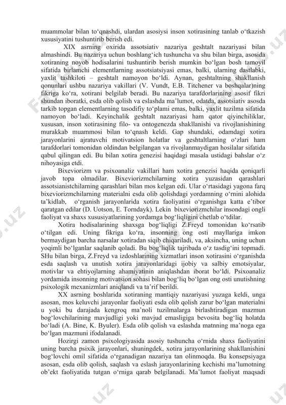 pirish, uyimizni topib kelish va oziq-ovqat va suv topish imkonini beradigan jarayon, bizning xotira hisoblanadi. u tajribalarimizdan bahramand bo‘lishga,tajribalarni xayotga tatbiq qilishga va yana qayta undan zavq olishga imkon beradigan jarayon albatta bizning xotira hisoblanadi kimlarningdir yomonliklarini unutishimizga qarshilik ko‘rsatadigan xam bizning xotiralar hisoblanadi. sizning esda olib qolganingizjuda katta rol o‘ynaydi. sizning to‘plagan bilim omboringiz, o‘tgan quvonch, g‘azab tufayli alamli xotiralar, yoki aybdorlik xisi xotira jarayonisiz mavjud bo‘lmagan bo‘lar edi. memory be thankful for memory. we take it for granted, except when it mal-func¬tions. but it is our memory that ac¬counts for time and defines our life. it is our memory that enables us to recognize family, speak our language, find our way home, and locate food and water. it is our memory that enables us to enjoy an experience and then mentally replay and enjoy it again. and it is our memories that occasionally pit us against those whose …