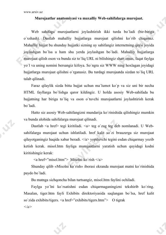 web uzelingizdan emas www dan qidirib boshlaydi. url ning qolgan qismlari siz izlayotgan hujjatning nomi va internetdagi yo`li, uzelidan iborat bo`ladi: yahoo olami ruyxati murojaat rangi. world wide web dagi murojaat matnining rangini o`zgartirishingiz mumkin. sizning web sahifangizning matnini rangini body tegi yordamida o`rnatish mumkin: shu tarzda gipermurojaat matnining rangini ham boshqarish mumkin. quyida 3 ta yangi kalit so`z keltirilgan: link - link kalit so`zi text kabi ishlatiladi. link=blue o`rnatilgan bo`lsa (yoki boshqa bir rang), foydalanuvchi hali ishlatmagan (sichqoncha bilan turtmagan) murojaatlar ko`k rangda bo`ladi. vlink - ayrim hollarda bir necha murojaatlarning rangi boshqalaridan ajralib turganini sezgan bo`lishingiz mumkin. bu marojaat siz tomoningizdan faollashtirilganligidan dalolat beradi. foydalanuvchi murojaat qilgan murojaatlarning rangini (visited line) vlink kalit so`zi bilan o`zgartirish mumkin. murojaatning rangini ochiq ko`k rangga o`zgartirish uchun quyidagi kodda yozish kerak: alink - murojaatga sichqoncha bilan turtgan paytdagi rangni o`zgartirish mumkin. murojaatning faol rangi alink kalit so`zi yordamida beriladi. kimdir sizning …