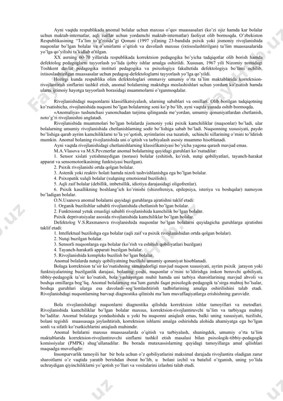 iy sifatlarini tarbiyalash hamda harakatlari va xulqini tanqidiy baholash qobiliyatini rivojlantirish juda muhim. 3. korrektsiya (yunoncha tuzatish) bolaning psixik va jismoniy rivojlanishidagi nuqsonlarni tuzatish, yo’qotish va pasaytirishni nazarda tutadi. 4. korrektsion-tarbiyaviy ishlar kategoriya sifatida shaxsning anomal rivojlanishi xususiyatlariga ko’ra umumiy pedagogik ta’sir ko’rsatish chora-tadbirlari tizimidan iborat. korrektsion–tarbiyaviy masalalarida sinf va sinfdan tashqari ishlarning barcha tur va shakllaridan foydalaniladi. korrektsion –tarbiyaviy ishlar anomal bolalarni o’qitish jarayonida amalga oshiriladi va mehnat tarbiyasini samarali tashkil etish uchun katta imkoniyatlar yaratadi. mehnat ta’limi jarayonida faqat kasbiy malakalari emas, balki o’z ishlarini rejalashtirish ko’nikmalari, og’zaki ko’rsatmalarga amal qilish malakasi, ishning sifatini tanqidiy baholash va boshqa malakalari tarbiyalanadi. kamchiliklarini tuzatish yordamida anomal bolalarning normal rivojlangan bolalar bilan aloqalari uchun sharoitlar yaratish muhimdir. bir qator hollarda anomal bolalar uchun davolash-korrektsion tadbirlar (davolash jismoniy mashqlari, masala, artikulyar va nafas olish gimnastikasi, dori-darmonlar qabul qilish va boshqalar) ni tashkil etish zarur bo’ladi. 5. kompensatsiya (yunoncha «compensatio» – o’rnini to’ldirish, …