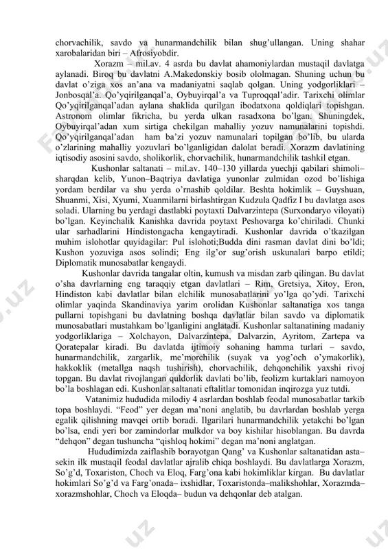 muvaffaqiyatsiz tugaydi. lekin ahamoniylar ayrim bosib olingan mamlakatlarni alohida viloyat – satrapliklarga bo’lib boshqaradilar. satrap forscha “xshatra” ya’ni “viloyat” degan ma’noni anglatadi. markaziy osiyoning bosib olingan viloyatlari uch satraplikka bo’linadi. mil.av. 5–4 asrlarda markaziy osiyo hududida dastlabki ahamoniylar tanga pullari tarqalgan. mil.av.329 yilda makedoniyalik iskandar markaziy osiyoga hujum qiladi. greklarga qarshi spitamen mardonovar kurashgan. aleksandr makedonskiy markaziy osiyoning ko’plab joylarini bosib oldi va 12ta shahar qurdirgan. u bu yerda 3 yil hukmroklik qilgan. uning vafotidan so’ng markaziy osiyo yerlarida salavkiylar davlati tashkil topgan. shu davrlardan boshlab ellinistik madaniyat tarkib topgan. ellinlashtirish – sharqqa yunon madaniyatining yoyilishi jarayoni, aralash madaniyatning – yunon va mahalliy sharq madaniyatining tashkil topish jarayoni. mil.av. 3 asr o’rtalarida, ya’ni 250 yilda baqtriya va parfiya salavkiylar davlati tarkibidan ajralib chiqadi va yunon–baqtriya deb ataladi. uning hukmdorlari greklar bo’lib, birinchi shohi diodot bo’lgan. parfiyada esa hokimiyat mitridat i qo’liga o’tgan. mitridat i marg’iyonani bosib olgan, uning tarixi ko’proq …