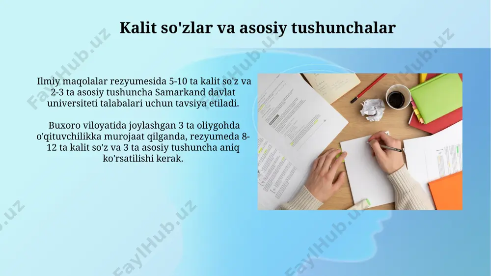 vsiya xatlari самарқанд ва бухоро каби шаҳарлардаги нуфузли олимлардан олинган тавсия хатлари сизнинг илмий доиралардаги обрўингизни оширади ва 5 баллдан юқори баҳо олишингизга ёрдам беради. тавсия хатларидаги 3-4 та аниқ мисол ва рақамлар, масалан, 2022 йилдаги 10 тадан ортиқ нашр этилган мақолалар ҳақидаги маълумотлар муҳим аҳамиятга эга. ish tajribasi bo'limi samarqand davlat universitetida 2022-yilda bajarilgan tadqiqot loyihasi natijalarini aks ettiruvchi ma'lumotlarni "ish tajribasi" bo'limida aniq sonlar va foizlar bilan qo'shib yozing. ish tajribasi bo'limida 5 yildan ortiq tajribaga ega bo'lsangiz, har bir ish joyingiz uchun alohida, aniq vaqt oralig'ini (masalan, 2018-2020 yillar, toshkent shahrida) va bajarilgan vazifalarni batafsil bayon qiling. e'tiboringiz uchun rahmat @taqdimot_robot image2.jpg image3.jpg image4.jpg image5.jpg image6.jpg image7.jpg image8.jpg image9.jpg image10.jpg image11.jpg image12.jpg image13.jpg image1.png