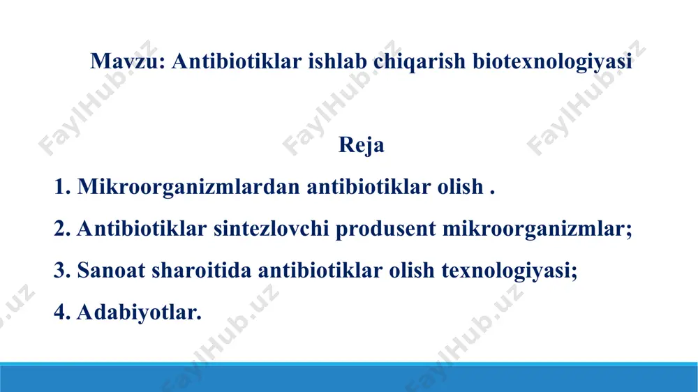 bilan aytiladi. lekin, nisbatan uncha koʻp boʻlmagan miqdordagi antibiotiklar sanoat asosida chiqariladi. bular orasida bacillus brevis var. u.v. hosil qiladigan c gamisidinni, bac. polymyxa va bac. circuislar ishlab chiqaradigan polimiksinlar, bacillus licheniformis sintezlaydigan basitrosinlar, streptococcus lactis kulturasi hosil qiladigan nizinlarni aytish mumkin. 3. sanoat sharoitida antibiotiklar olish texnologiyasi. antibiotiklarni tibbiyotda, qishloq xoʻjaligida va xalq xoʻjaligining boshqa sohalarida keng qoʻllanilishi, bu biologik faol moddalarni katta hajmda ishlab chiqarish vazifasini qoʻydi. bu ulkan vazifa katta quvvatga ega boʻlgan antibiotika sanoatini yaratish orqali yechildi. antibiotikani sanoat asosida ishlab chiqarishda bir qancha ketma-ket bosqichlar yotadi: yuqori mahsuldor shtamm-produsent yaratish, antibiotik hosil qiluvchi shtammni eng koʻp miqdorda mahsulot chiqarishi uchun moʻtadil sharoit yaratish, antibiotikni ajratish va tozalashni muvofiqlashtirilgan usulini tanlash va amaliyotga qoʻllash, tayyor preparatni yaratish va uning sifatini nazorat qilish. har bitta bosqich maxsus mutaxassis bilan ta’minlanishi kerak (genetik, mikrobiolog, texnolog va boshqalar). antibiotiklarni sanoat usulida tayyorlash – murakkab, koʻp bosqichli boʻlib, bir qancha …