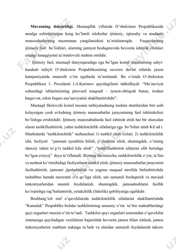 mazmuni,shakli, vosita va metodlari. kurs ishining vazifalari: 1.mavzuga doir tibbiy, pedagogik, psixologik adabiyotlarni taxlil qilish va umumlashtirish. 2. barkamol shaxs tarbiyasida tashkilotchilik sifatlarining ahamiyati orqali pedagogik muammolarini o’rganish. 3.bo‘lajak boshlang’ich sinf o’qituvchilarini bolalar bilan ishlashga tayyorlash. 4. boshlang’ich sinf o’quvchilarida tashkilotchilik sifatlarini shakllantirish metodikasi orqali munosabatlarni shakllantirish yo’llari. tadqiqotning metodologik asoslari: o’zbekiston respublikasi konstitutsiyasi, o’zbekiston respublikasining “ta’lim to’g’risida”gi qonuni, o’zbekiston respublikasi prezidenti sh.m.mirziyoyevning 2017 yil 7-fevral kungi farmoni bilan 2017—2021-yillarda o‘zbekistonni rivojlantirishning beshta ustuvor yo‘nalishi bo‘yicha harakatlar strategiyasi, prezidentning malakali kadrlar tayyorlash, ishlab chiqarishni modernizatsiyalash, innovatsion texnologiyalarni keng joriy etish, raqobatbardosh kadrlar tayyorlashda milliy tarbiyaga doir yondashuvlari, hukumat qarorlari va ilg’or tajribalar. kurs ishining amaliy ahamiyati: tadqiqot jarayonida ilgari surilgan fikrlardan, yondashuvlardan hamda samaradorlikni ta’minlovchi tadqiqot natijalari tarbiyaviy ishlar metodikasi fanlari bo‘yicha ma’ruzalar tayyorlash, qo‘llanmalar yaratish, shuningdek metodik tavsiyanomalar yaratishda, ish tajribalarini ommalashtirishda samarali foydalanishga xizmat qiladi. kurs ishining tarkibiy tuzilishi va hajmi: ish kirish, 4ta reja, xulosa va foydalanilgan …