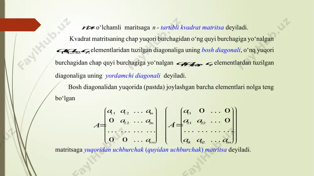 g satrlari soniga teng bo‘lsa, a va b matritsalar moslashtirilgan deyiladi. 4-ta’rif. pm o‘lchamli )( ij aa matritsaning np o‘lchamli )( jk bb matritsaga ko‘paytmasi ab deb, ik c elementi a matritsaning i -satrini b matritsaning j -ustuniga satrni ustunga ko‘paytirish qoidasi bilan, ya’ni nkmibabababac p r rkirpkipkikiik ,...,1,,...,1, 1 2211     (qo‘shiluvchlari quyidag i sxemada keltirilgan) k abi aniqlanadigan nm o‘lchamli )( ik cc matritsaga aytiladi. i k                                         ...... ............... ...... ...... ...... ... ............... ... ............... ... ; 5043 2219 84637453 82617251 87 65 43 21                    …