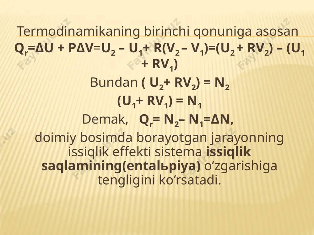 i olib borish yo‘liga bog‘liq bo‘lmay, reaksiyada ishtirok etayotgan moddalarning boshlang‘ich va oxirgi holatlariga bog‘liq. gess qonuni asosida reaksiyaning issiqlik effekti quyidagi formulalar bo‘yicha hisoblab topiladi: - reaksiyada ishtirok etayotgan moddalarning δn0h.b. lari orqali -reaksiyada ishtirok etayotgan moddalarning δn0yonish lari orqali kirxgoff qonuni: jarayon issiqlik effektining haroratga bog‘liqligini kirxgoff qonuni tushuntiradi, bu erda q1 – t1 haroratdagi issiqlik effekti q2 – t2 haroratdagi issiqlik effekti –dastlabki moddalar issiqlik sig‘imlarining yig‘indisi – oxirgi moddalar issiqlik sig‘imlarining yig‘indisi formuladan ko‘rinib turibdiki, haroratni 10ga oshirganda jarayon issiqlik effektining o‘zgarishi dastlabki moddalar issiklik sig‘imlari yig‘indisidan mahsulotlar issiqlik sig‘imlari yig‘indisini ayirmasiga teng. agar, bo‘lsa, jarayonning issiqlik effekti o‘zgarmaydi, ya’ni issiqlik effekti haroratga bog‘liq bo‘lmay qoladi. issiqlik sig’imi va uning xillari sistema(modda)ning issiqlik sig‘imi deb sistema isitilganda yutiladigan yoki sovutilganda ajraladigan issiqlikning tegishli harorat farqiga nisbatiga aytiladi: issiqlik sig‘imi 1kg modda uchun hisoblansa, solishtirma issiqlik sig‘imi deyiladi ( birligi – kj/kg) 1 mol moddani 1gradusga isitish …