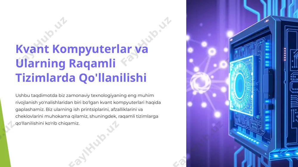 ak. 2 xatolarni kamaytirish kvant kompyuterlarining ishonchliligini oshirish uchun xatolarni kamaytirish usullari ishlab chiqilishi kerak. 3 dasturlash tillarini rivojlantirish kvant kompyuterlarni dasturlashni osonlashtirish uchun yangi dasturlash tillari ishlab chiqilishi kerak. 12 image1.png image2.png image3.png image4.png image5.png image6.png image7.png image8.png image9.png image10.png image11.png image12.png image13.png image14.png