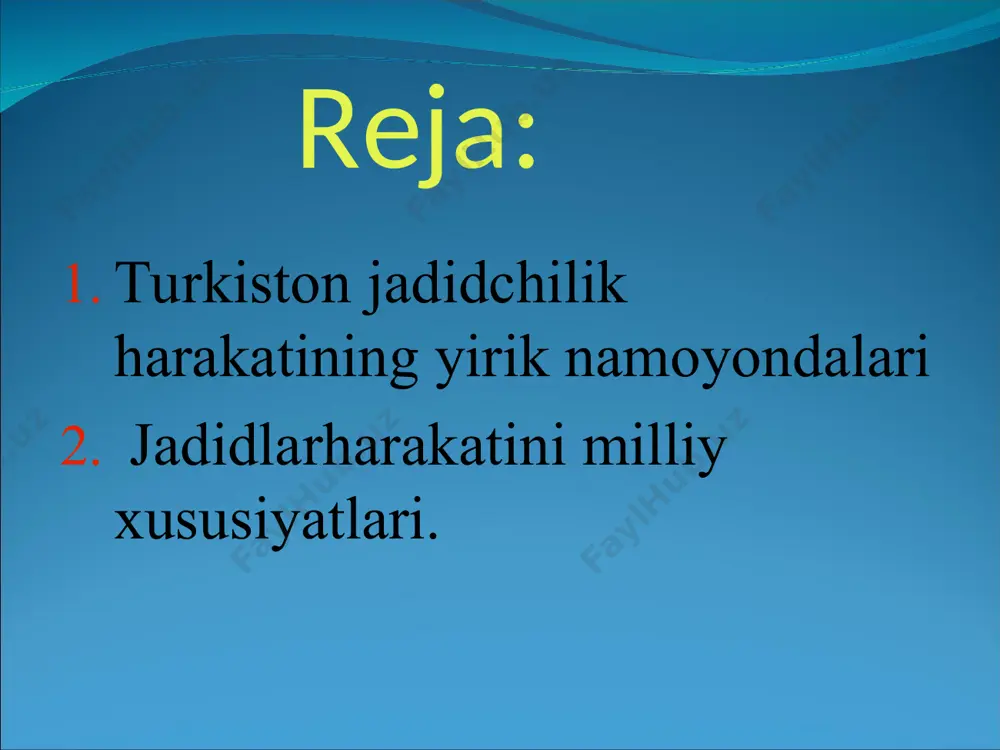 arsliklar ham yaratganlar. xususan, saidrasul aziziyning "usto’zi avval" (1903), munavvarqorining "adibi avval" (1907), abdulla avloniyning "birinchi muallim", "ikkinchi muallim" (1912) darsliklari alohida e'tiborga molikdir. jadidlar yoshlarni chet ellarga o’qishga yuborish tashabbusi bilan chiqdilar. boy tabaqaning ilg'or vakillari jadidlarning bu harakatini ma'qullab tegishli mablag' bilan komaklashdilar. ko’pgina umidli yoshlar germaniya, misr, turkiya va rossiyaning markaziy shaharlariga o’qishga yuborildi. 1910 yili buxoroda mudarris hoji rafiy va boshqalar "bolalar tarbiyasi" xayriya jamiyatini tashkil etib, 1911 yilda 15 ta, 1912 yilda 30 ta talabani turkiyaga o’qishga jo’natdi jadidlarning xalqparvarligi jadidlar etiqodli, izchil va chinakam musulmonlar bo’lib, hech mahal turkistonda islom dini arkonlarini taftish qilishni istamaganlar. jadidlar islomni bar xil soxtaliklardan tozalab, xaqiqiy dinni qaror toptirish va dunyoviy bilimlami egallash yo’li bilan jamiyatda uning ta'sirini mustahkamlashga erishmoqchi edilar. jadidlarga mutaassib ruxoniylar qarshilik ko’rsatdilar. ular jadidlarni padarkushlar, maktablari haqida esa «bu xil maktabda o’quvchi-talabalar birinchi yili gazeta o’qiy boshlaydi, ikkinchi yili ozodlikni talab qilishadi, uchinchi yili …