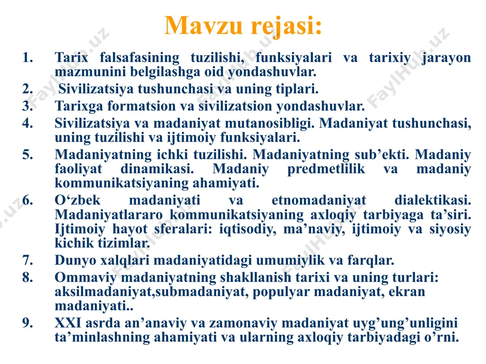 ayonlar, «abadiy ortga qaytish» (f.nitsshe) sifatida tasavvur qilganlar. diniy an'ana tarixning butunlay boshqacha talqinini taklif qildi. o‘rta asrlarda ilohiy taqdir asosiy tarixiy kuch sifatida e'tirof etildi. tarixiy voqyealarning ichki mantiqi alohida mazmun kasb etdi: xudo nafaqat tarixiy jarayonni boshqaradi, balki adashgan insoniyatga gunohlardan forig‘ bo‘lish, jannatdagi boqiy hayotga erishish yo‘lini ko‘rsatadi. avreliy avgustin o‘zining «ilohiy shahar haqida» asarida boqiylik va muvaqqatlik, ilohiylik va dunyoviylikning birligi to‘g‘risida so‘z yuritadi. uning fikricha, iso masih insoniyatga boqiylik sari yo‘l ko‘rsatgan. tarixning mazmuni – boqiylikka eltuvchi yo‘ldan borishda, inson hayotining mazmuni esa – xudoga xizmat qilish, gunohlardan forig‘ bo‘lishdadir. ibn xaldun tarixning mazmuni haqida mulohaza yuritar ekan, uni, inson hayotining mazmuni kabi, tarix tugaganidan keyingina aniqlash mumkinligini qayd etadi. ammo, shunga qaramay, tarixning mazmuni haqida erkinlik, ijod tushunchalariga tayanib so‘z yuritish mumkin, deb hisoblaydi. tarixning harakatida ibn xaldun ob'ektivlashuvning inson ustidan hukmini kamaytiradigan, uning erkinligi va ijodining tantanasini qaror toptiradigan jarayonlarni aniqlashga harakat qiladi. …