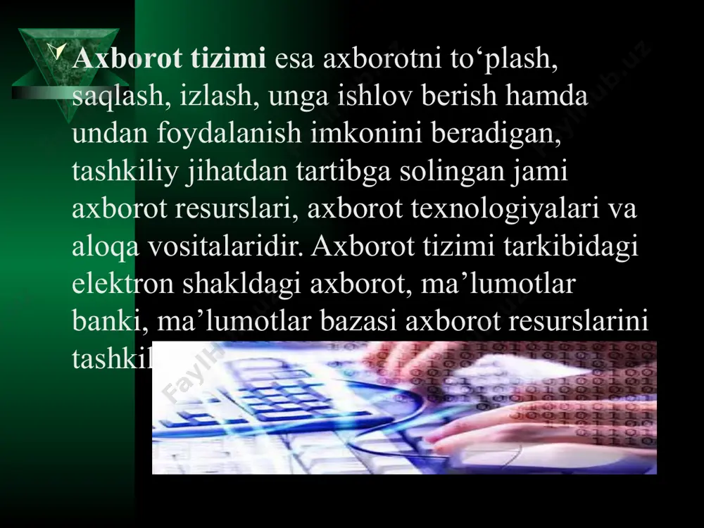 - ekspluatatsiyani boshqarish(infratuzilma komponentlarini boshqarish tizimlari)ga oid quyi tizimlar; - davlat organi to‘g‘risida internet yoki boshqa kanallar orqali axborot yetkazish, jismoniy va yuridik shaxslar o‘rtasidagi o‘zaro aloqani ta’minlaydigan quyi tizimlar; - axborot xavfsizligini ta’minlaydigan quyi tizimlar; - hujjat tayyorlash va axborot almashish maqsadida davlat organi xodimlari tomonidan foydalaniladigan idoraviy quyi tizimlar texnologiya so'zi grekchadan tarjima qilinganda san'at, ustalik, malaka ma'nosini anglatadi. texnikada texnologiya deganda ma'lum kerakli material mahsulotni hosil qilish uchun usullar, metodlar va vositalar yig'indisidan foydalanadigan jarayon tushuniladi. texnologiya ob'ektining dastlabki, boshlang'ich holatini o'zgartirib, yangi, oldindan belgilangan talabga javob beradigan holatga keltiradi axborot texnologiyasi - bu axboriy ma'lumotni bir ko'rinishdan ikkinchi, sifat jihatidan yangi ko'rinishga keltirish, axborotni yig'ish, qayta ishlash va uzatishning usul va vositalari majmuasidan foydalanish jarayonidir. moddiy ishlab chiqarishda turli maxsus jihozlar, stanoklar, uskunalar va boshqalar ishlatiladi. axborot texnologiyalari uchun ham o'zining "uskunalari", vositalari mavjud. bular kseroks, telefaks, faks, skaner va boshka vositalardir. bu vositalar orkali axborotga …
