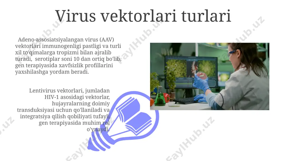 yuqori samaradorlikda (90% dan ortiq) gen yetkazib berish imkoniyatiga ega. kelajakdagi istiqbollar viruslar yordamida 10 yildan keyin inson genomini tahrirlashning yangi usullari, masalan, crispr-cas9 tizimining takomillashtirilgan versiyalari, keng qo'llanila boshlanadi. genetik kasalliklarni davolash uchun virus vektorlaridan foydalanish samaradorligini oshirish bo'yicha 5 dan ortiq yangi tadqiqot loyihalari moliyalashtiriladi. xavfsizlik va etik masalalar genetika muhandisligida viruslardan foydalanishda 10% dan ortiq xavfsizlik protokollari buzilishi genetik ifloslanish va kutilmagan mutatsiyalar xavfini tug'dirishi mumkin. inson genomiga aralashuvning potentsial salbiy oqibatlari, masalan, 20% ga yaqin holatlarda immun tizimining reaksiyasi, etarli darajada bahs-munozaralarga olib kelmayapti. gen terapiyasida viruslardan foydalanish 01 02 gen terapiyasida adeno-assosiatsiyalangan viruslar (aav) kabi 9 ta turdan ortiq virus vektorlari qo'llaniladi, ularning yuqori xavfsizlik profili va turli xil to'qimalarga nishonlash qobiliyati bilan ajralib turadi. sales 1st qtr 2nd qtr 100 0 sales 1st qtr 2nd qtr 100 0 e'tiboringiz uchun rahmat @taqdimot_robot image4.jpg image5.jpg image6.jpg image7.jpg image8.jpg image9.jpg image10.jpg image11.jpg image12.jpg image13.jpg image14.jpg image15.jpg …