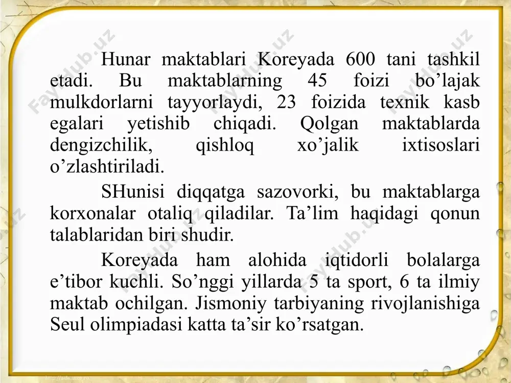 bga tayyorlov guruhi (5-6 yosh) bo’lib, ularga frantsiyada 100% shu yoshdagi bolalar qamrab olingan. bolalarni maktabga tayyorlash uchun alohida dastur va darsliklar mavjud. fransiyada boshlang’ich ta’lim maktablariga 6 yoshdan 11 yoshgacha bo’lgan bolalar jalb qilinadilar. boshlang’ich maktab bepul va majburiy. uning vazifasi o’qish, yozish, hisoblash malakasini berishdir. o’quv mashg’ulotlari ertalab soat 9 dan 12 gacha, hamda soat 14 dan 16 gacha 5 soat davom etadi. maktabda ovqatlanish pullik, lekin juda arzonlashtirilgan narxlarda. dasturlarda o’quv predmetlarning barchasiga uch bosqich bo’yicha aniq, alohida-alohida talablar qo’yiladi. 1990 yildagi hukumat qarorida bolalarni bilimiga, qobiliyatiga qarab dars jadvalini tabaqalashtirgan holda tuzish huquqi berildi. oliy ta’lim universitetlarda uch turkumda amalga oshiriladi. birinchi turkum: ikkinchi turkum: uchinchi turkum: umumiy bo’lib, o’qish muddati ikki yil davom etadi. o’qish bir yil davom etadi. talabalar uni magistr darajasi bilan yakunlaydi. o’qish 1—2 yil davom etadi. bu siklda: biron bir predmetni chuqurlashtirib o’rganilganligi haqida diplom 1 yil; ixtisoslashtirilgan oliy ma’lumot to’g’risida …