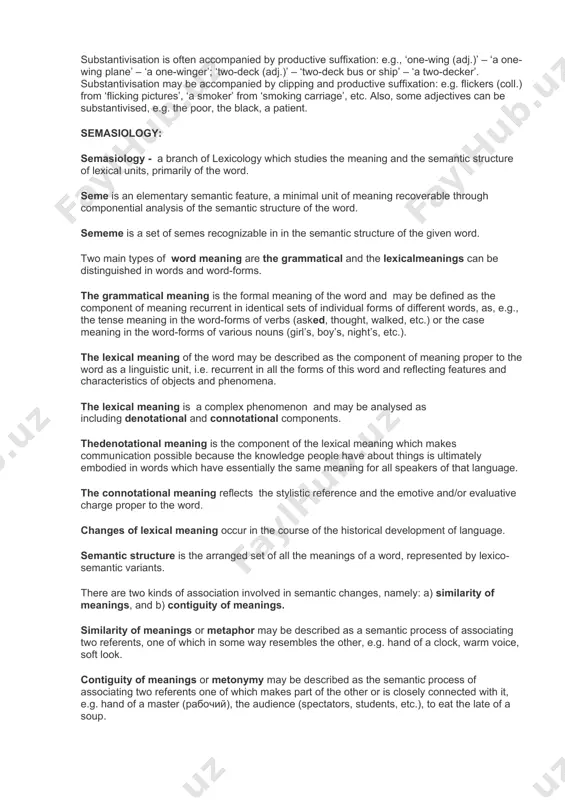 native (both components semantically relevant). reduplicative compounds are based on onomatopoeic repetition: hush-hush, blah-blah. conversion is a highly productive way of word-formation by means of transferring one part of speech to another by changing its paradigm, but without altering its initial form (neither phonetic nor graphical changes within the paradigm), e.g. cf. my work— i work; (the) dog’s bark — he dogs his girlfriend, etc. shortening is the process of word-formation by means of dropping some part of the words. it includes abbreviation and clipping. (letter) abbreviation is the process of replacement of longer phrases (names of well-known organisations, agencies and institutions, political parties, famous people, official offices) to the initial letters the whole group stands for. they are normally pronounced letter by letter, e.g. jfk = john fitzgerald kennedy; cbw = chemical and biological warfare, dod = department of defence (of the usa), sst = supersonic transport, etc. acronyms …