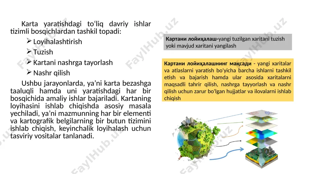 chiga oladi. bir tomondan, ular chuqur ijodiy xarakterga ega badiiy mahorat talab qiladi, ikkinchi tomondan texnik grafika uslublari va dasturlari murakkab bajaruvchi vositalarga ega bo‘lishi kerak. ибтидоий давр карталари eng qadimgi xaritalar yerni emas, osmonni nazarda tutadi. birinchi xaritalar toshga yozilgan. qabilalar o'z hududining xaritasini shunday belgilashgan. miloddan avvalgi 16500 yillarga tegishli laska g'ori devorlarida topilgan nuqta (rok san'ati). masalan, tungi osmonning bir qismi, shu jumladan uchta yorqin yulduz vega, deneb va altair (yozgi uchburchaklar turkumi), shuningdek, pleiades yulduzlar to'plami tasvirlangan. ispaniyadagi el-kastilo g'orining devorlarida miloddan avvalgi 12000 yillarga tegishli corona turkumini tasvirlaydigan nuqtalar topilgan. https://en.wikipedia.org/wiki/early_world_maps dunyoning bobil xaritasi tasvirlangan loydan yasalgan planshet. miloddan avvalgi 700 yillarga borib taqaladi карталарнинг дастлабки кўринишлари https://en.wikipedia.org/wiki/early_world_maps карталарга бадиий асар сифатида қараш биринчи жахон уруши 1914-1918 иккинчи жахон уруши 1939-1945 замонавий карталар image1.jpeg image2.jpeg image3.jpeg image4.jpeg image5.jpeg image6.jpeg image7.jpeg image8.gif image9.jpeg image10.jpeg image11.jpeg image12.jpeg image13.jpeg image14.jpeg image15.jpeg image16.png image17.jpeg image18.jpeg image19.jpeg image20.jpeg image21.jpeg image22.jpeg …