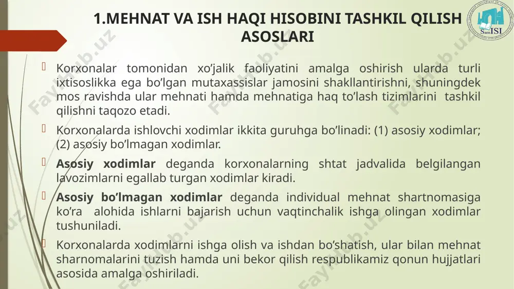ash uchun – kasallik varaqasi, kasaba uyushma qo’mitasining qarori va xodimning ish haqi bo’yicha buxgalteriyada yuritilgan shaxsiy schyoti varag’i. 2.ish haqini hisoblanishi va hisobi ishbay ish haqi shaklida ishlovchi xodimga asosiy ish haqi summasi uning haqiqatda bajargan ish hajmini bir birlik ish uchun belgilangan ish haqi me’yoriga ko’paytirish yo’li bilan topiladi. masalan, ishchi oy maboynida 100 dona mahsulot ishlab chiqardi. bir birlik mahsulot uchun ish haqi me’yori –300 so’m. ishchiga hisoblanadigan ish haqi summasi bu holda 30000 so’mni (100x 300) tashkil etadi. 8 vaqtbay ish haqi shaklida ishlovchi xodimga asosiy ish haqi summasi uning haqiqatda ishlagan soatlari yoki kunlari sonini bir soatlik yoki bir kunlik o’rtacha ish haqiga ko’paytirish yo’li bilan topiladi. masalan, buxgalterning shtat jadvali bo’yicha maoshi –30000 so’m. yanvar oyida u 15 kun to’liq ishladi, qolgan kunlar uchun kasallik varaqasini taqdim etdi, uning mehnat staji –4 yil, bolalarining soni –2 ta. yanvar oyidagi kalendar ish kunlari soni –25. …