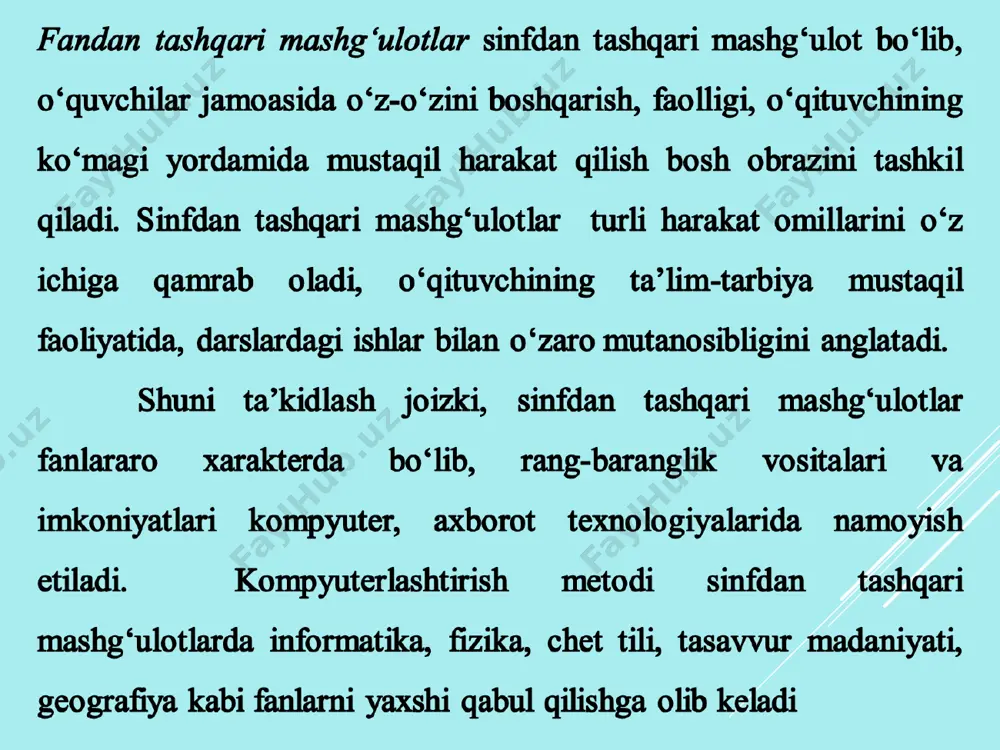 otlar. o’quvchi talabalarni informatika faniga qiziqtirish uchun ma’naviyat soatidan “yoshlar sog’lom turmush tarzini tanlamoqda” mavzusini ochiq dars sifatida o’tilishi inson sog’lom bo’lishi uchun shifokor ko’rigiga borishi shartmi? ichish-chekishni ham foydali tomonlari bormi? savollari berilib o’quvchilar tomonidan javoblar beriladi. aqliy hujum metodi bilan ishlashda o‘qituvchi barcha fikrlarni qabul qilishi, imkon bo‘lsa doskaga yoki daftarga yozib olishi lozim. o’quvchilarni fikrlarini tinglangandan so‘ng, muhimlik jihatiga ko‘ra to‘g‘ri javoblar umumlashtiradi va savolni yechish uchun zarurlari tanlanadi. o’quvchilarning fikrlarini qabul qilayotganda “rahmat”, “yana qanday fikrlar bor”, “barakalla” so‘zlari bilan rag‘batlantirilib hammani faollashtirishga erishish zarur.