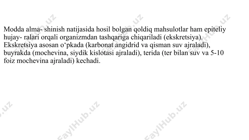 bir qavatli bir qatorli epiteliy. bu epiteliy tuzilishini ta’riflanganda ko‘pincha «bir qatorli» termini tushirib qoldiriladi va faqat «bir qavatli epiteliy» deb yuritiladi. hujayralaming shakliga qarab bir qavatliyassi, kubsimon, silindrsimon yoki prizmatik epiteliylar tafovut qilinadi. mezoteliy tanaliing ikkilamchi bo4shlig‘i yoki selom bo‘shlig‘ini hosil qiluvchi mezodermaning hosilasidir. mezoteliy seroz pardalar — plevra va qorin pardasining pariyetal va visseral varaqlarini, yurak oldi xaltachasi devorlarini qoplab turadi. mezoteliy hujayralari (masalan, charvining yaxlit preparati) ust tomondan qaraganda notekis chegarali va turli shaklda ekanligi yaqqol ko‘rinadi. bu hujayralaming ikki yoki uchta yassilashgan yadrolari bo'lib, ular joylashganjoybiroz bo‘rtib turadi. elektron mikroskopik tekshirishlar natijasida yassi epiteliy hujayralarining qorin bo‘shiig‘iga qaragan erkin yuzasida mikrovorsinkalar borligi aniqlandi. mikrovorsinkalar mezoteliy yuzasini ancha kengay- tiradi. hujayralar bir-biri bilan desmosomalar yordamida bogmanadi. mezoteliy yuzasi silliq bomganligi sababli ichak peristaltikasida, yurakning qisqarishi, o ‘pkaning nafas ekskursiyasida, organlaming sirpanma harakatlarida muhim rol o ‘ynaydi, hamda organlaming o‘zaro yopishib qolmasligini ta’minlaydi. bundan tashqari, mezoteliy hujayralari fagotsitoz …