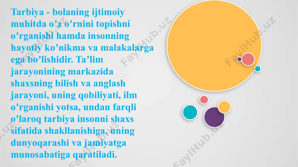 iyat taʼsiri ostida oʼzining tub mohiyatini aks ettira boshladi. oʼtmishning boy merosi, uning anʼanalari milliy istiqlol tufayli oʼz egalariga qaytarib berildi. fuqarolarning ijtimoiy ongi asta-sekin oʼzgarib borishi natijasida etnopsixologik xususiyatlar tiklana boshladi, milliy, umumbashariylik hislatlari oʼrtasida adolatlilik, teng huquqlilik aloqalari oʼrnatilmoqda. oʼzbek oilasida tarbiya mohiyati, mazmuni tarbiyaning kundalik rejasi, bolalarga taʼsir oʼtkazish vositasini tanlash va undan unumli foydalanish oʼziga xos xususiyatga ega, chunki uning asosida xalq anʼanalari yotadi. maʼlumki, yoshlarning maʼnaviy-axloqiy tarbiyasi bilan oila, mahalla, taʼlim muassasalari, ommaviy axborot vositalari, huqukni muhofaza qiluvchi tashkilotlar, ilmiy-pedagogik kadrlar shugʼullanadilar. tarbiya jarayonida barcha ishtirokchilarning bahamjihatlik bilan olib boradigan ishlarigina, oʼzining ijobiy natijalarini berishi mumkin. konfutsiy: "eskini oʼzlashtirgan va yangini tushunishga qodir insongina tarbiyachi boʼla oladi" - degan edi. mustaqillikning dastlabki yillaridanoq butun mamlakat miqyosida taʼlim-tarbiya, ilm-fan, kasb-hunarga oʼrgatish sohalarini isloh qilishga nihoyatda katta zarurat sezila boshladi. bugungi kunda tarbiya jarayonida ham qator oʼzgarishlar amalga oshirilmoqda. shuni taʼkidlash lozimki, maʼrifat xalqimiz, millatimiz qonidadir. anʼanaviy …
