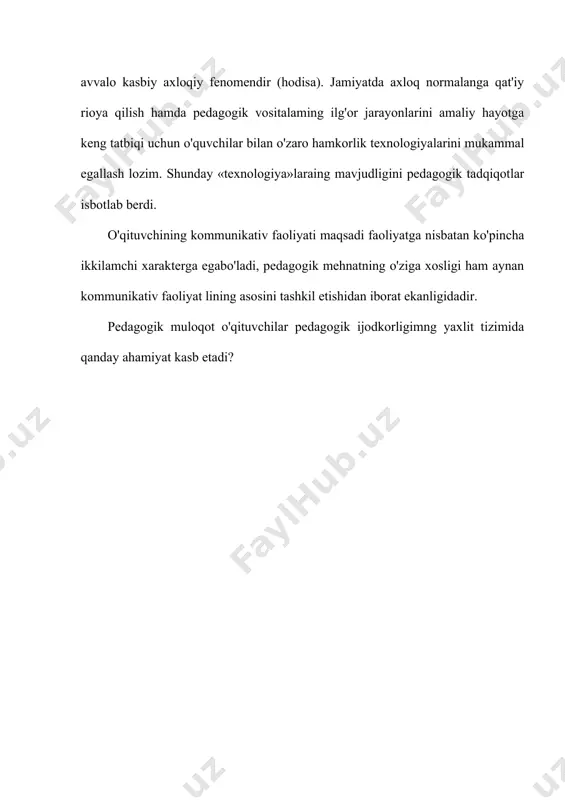 i topishimiz kerak. ya'ni, ma'lum bir maqsadga qaratilgan umumiy pedagogik vazifani hal etgandan so'ng, ta'sir metodini tanlab bevosita ta'sirni tashkil qilish uchun asosiy vazifa sifatida kommunikativ vazifa belgilanishi kerak. kommunikativ vazifa pedagogik faoliyatda, nisbatan ishlab chiqaruvchi xarakterga ega bo'lib, murakkab vazifani hal etadi. zero u pedagogik vazifadan kelib chiqqan, shu sababli o'qituvchi tomonidan tanlanadi va belgilanadi. aytish mumkinki, kommunikativ vazifa aynan kommunikatsiya tiliga o'tkazilgan pedagogik' vazifaning o'zi. kommunikativ vazifa pedagogik vazifamng asosim aks ettirib, unga nisbatan yordamchi, instrumental xarakterga ega bo'lgan jarayondir. pedagogik amalyotlar natijasi shundan dalolat beradiki, o'qituvchi o'quvchilar bilan o'zaro hamkorlikning o'ziga xos to'g'ri metodini tanlab hamda vaziyatni to'g'ri baholagan taqdirda ham ko'pincha o'z pedagogik ta'sirini kommunikativ jihatdan ta'minlay olmaydi, ya'ni kommunikatsiyani o'zaro muloqotda amaliy jihatdan tatbiq eta olmaydi. pedagogik ta'sirning o'qituvchi tomonidan tanlanib qo'llaniladigan metodlari bevosita muloqot orqali amalga oshiriladi. shunday ekan, mazkur jarayonni yuksak mahorat bilan, ongli ravishda tashkil etish, pedagogik faoliyatda sodir bo'lishi mumkin bo'lgan …