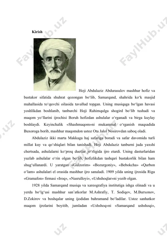 paytlarda, rizqi rajabiy, imomjon ikromov, yana bir qancha san’atkorlar hoji akaning uylarida yashab qo‘shiq o‘rganardik. men hoji aka aytgan qo‘shiqlardan ta’sirlanib ertalabgacha uxlay olmasdim. va birorta kuyni dilimga joylash uchun sekin xirgoyi qilib takrorlardim. bordi-yu, biror joyni xato qilsam bormi, hoji aka yotgan joyida menga qayrilib, «hoy yunusvoy, undoq emas mana bundoq bo‘ladi» deb o‘zlari aytib berar­dilar». hoji abdulaziz abdurasulov ijrosida qator qo‘shiqlar gramplastinkalarga, radio tasmalariga yozib olingan. ustoz hofiz sakson yoshda ham 1933 yil fevral oyida bo‘lgan o‘zbekiston san’atkorlarini birinchi slyotida qo‘shiq aytish baxtiga muyassar bo‘lgan. shu kuni hoji abdulaziz abdurasulov va domla halim ibodovga «o‘zbekiston xalq hofizi» faxriy unvoni berildi. mustaqillik yillarida «buyuk xizmatlari uchun» ordeni berildi. uning nomida samarqand shahrida yosh xonandalar­ning respublika ko‘rik tanlovi o‘tkazib turiladi. i bob. xoji abdulaziz abdurasulov hayoti va ijodi 1.1.hofiz va sozandalar piri hoji abdulaziz abdurasulov, hofiz va bastakor komiljon otaniyozovlarning ilmiy-ijodiy faoliyatini o’ziga xos jihatlari.xalq ijodiyoti ulkan ummondir. u doimo …