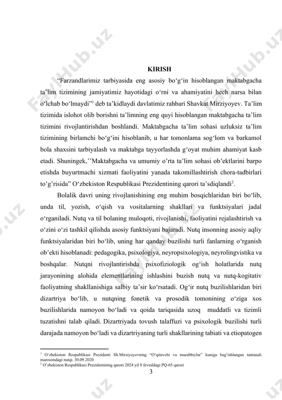 r adabiyotlarida “dizartriya” tushunchasi organik shikastlanishi natijasida yuzaga keladi. ushbu buzilish sodir boʻlganda, nutqning motor mexanizmi buziladi. 20-asr adabiyotlarida “dizartriya” tushunchasi “ogʻizdagi boʻtqa” kabi noaniq tarzda tashkil etilgan nutqning buzilishi deb tarjima qilingan. dizartriya – logopedik amaliyotda uchraydigan eng kо’p tarqalgan nutq buzilishlaridan biridir. bugungi kunga qadar normal eshitish va intellektga ega boʻlgan maktabgacha yoshdagi va kichik maktab oʻquvchilarida dizartriya buzilishlarining xususiyatlarini kompleks oʻrganish boʻyicha tadqiqotlar oʻtkazilmagan, oʻtkazilgan; dizartriya nutq nuqsoni va shunga oʻxshash holatlarning differentsial diagnostikasining yetarli darajada tizimlashtirilmagan usullari; ushbu nutq buzilishini tuzatish uchun keng qamrovli tizim ishlab chiqilmagan. dizartriya nutq nuqsoniining tobora koʻpayib borayotganini va ularning nutq faoliyatining rivojlanishiga salbiy ta’sirini hisobga olgan holda, ushbu toifadagi bolalarda nutq vositalari va operatsiyalarini shakllantirish xususiyatini aniqlash, printsipial jihatdan yangi boʻlimlarni kiritish uchun nazariy va uslubiy asoslarni ishlab chiqish dolzarbdir. nutq ontogenezidagi buzilishlarni bartaraf etishga qaratilgan nutq terapiyasi ishida. logopediya dasturiga nafaqat amaliyotda yaxshi ma’lum boʻlgan tuzatish usullari va usullarini, …