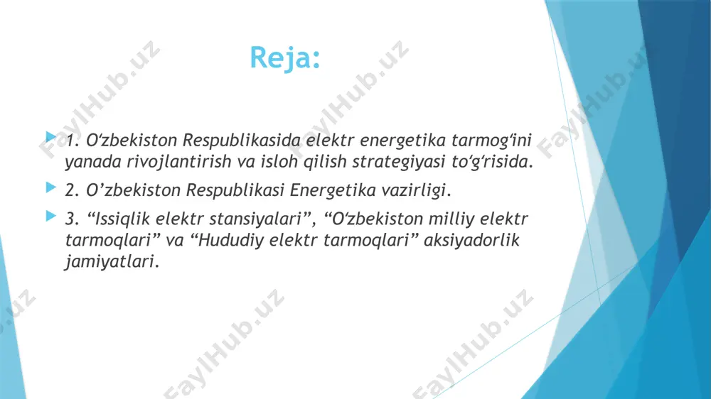 h va boshqarish jarayonlarini avtomatlashtirish tizimini (yerp) dispetcherlik boshqaruvi va maʼlumotlarni yigʻish dasturiy-apparat kompleksi (scada)ni joriy etish, shuningdek, elektr energiyani nazorat qilish va hisobga olishning avtomatlashtirilgan tizimi (ehnat)ni joriy etish boʻyicha loyihani amalga oshirishni jadallashtirish ishlarining aniq tadbirlari, muddatlar va moliyalashtirish manbalarini nazarda tutgan holda, 2019 — 2021 yillarda elektr energetika tarmogʻini raqamlashtirish boʻyicha kompleks dasturni. “issiqlik elektr stansiyalari”, “oʻzbekiston milliy elektr tarmoqlari” va “hududiy elektr tarmoqlari” aksiyadorlik jamiyatlari: emissiya qilinadigan qimmatli qogʻozlar chiqarilishini davlat roʻyxatiga olish va qimmatli qogʻozlar chiqarilishi toʻgʻrisidagi hujjatlarni koʻrib chiqish uchun yigʻimlar; qayta tashkil etiladigan tashkilotlarning topshiriladigan avtotransport vositalarini qaytadan roʻyxatga olishda avtotransport yigʻimlari toʻlashdan ozod qilinsin. shunday tartib oʻrnatilsinki, unga muvofiq 2019 yil 1 iyuldan boshlab: quvvati 10 mvtdan koʻproq energiya isteʼmol qiladigan sanoat korxonalarini qurish va yer maydonlari ajratish toʻgʻrisidagi qaror qabul qilingunga qadar respublika hududlarida joylashtirish oʻzbekiston respublikasi vazirlar mahkamasi tomonidan belgilanadigan tartibda faqat energetika vazirligi bilan kelishgan holda amalga oshiriladi image1.png …
