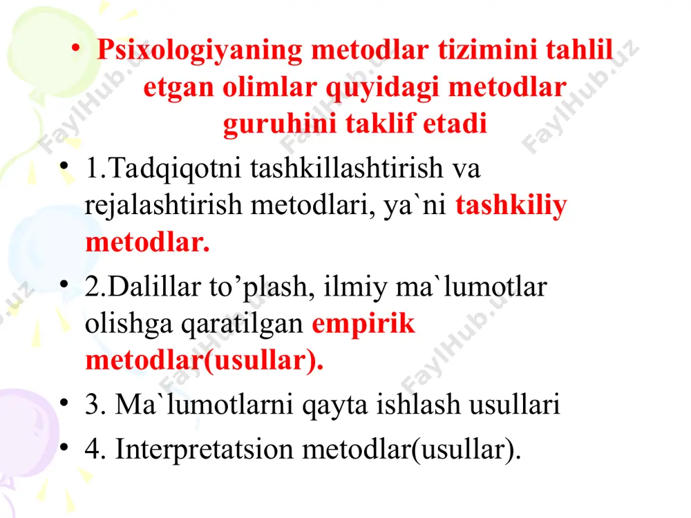 k ta`sir ko’rsatadigan asbob- uskunalarning texnik tavsifnomasi; yoshi, staji, ma`lumoti, kasbiy tayyorgarligi, kadrlar qo’nimsizligi uning sabablari va hokazolar xaqidagi ma`lumotlar; ishlab chiqarishdagi avariyalar va travmalar shuningdek, ishchilar sog`ligining holati to’g`risidagi ma`lumot. mehnat metod – bu kasbiy faoliyatni to’g`ridan-to’g`ri ish joyida o’rganishga qaratilgan tadqiqot metodidir. kasbiy faoliyatni egallagan va bajaruvchisi sifatida psixolog ham tadqiqotchi ham ishchi sifatida faoliyat olib boradi. har bir ish kunidan keyin standartlashgan sxema bo’yicha bayonnoma to’ldiriladi. ish joyida tadqiqot olib borishi usullari samaraliroq hisoblanadi. tadqiqotchi standart kuzatish chizmasi asosida ishchining faoliyatini o’rganadi. bu usullarning afzaligi kasbiy realikka maksimal darajada yaqin bo’lishidadir. kuzatish – ma`lumotlarni psixik hodisalarning qayd etish yo’llari orqali to’plashdan iborat. kuzatish ikki turda bo’ladi- formallashgan kuzatuv va erkin kuzatuv. erkin kuzatuv tadqiqotning boshlang`ich bosqichlarida qo’llaniladi, u o’rganilayotgan masala mohiyatiga chuqurroq kirib borish imkonini beradi. formallashgan kuzatuv standart dastur asosida olib boriladi hamda kuzatilayotgan voqealar bayonnomada qayd etilgan holda alohida elementlarga bo’linadi. psixometriya-psixik voqea va hodisalarning …