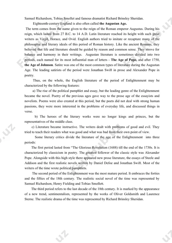 mmercial classes were gaining sufficient ascendancy to impose their obtuse views on the themes that would be acceptable in the theatre. outstanding in the early decades of the century is john gay’s “beggar’s opera”, a play with ballads (1728); oliver goldsmith’s “she stoops to conquer”, and richard brinsley sheridan’s “rivals” and “school for scandal”. the play, with its moral emphasis and its melodramatic theme, made a wide and immediate appeal. it was recognized that a new element had entered into drama, even if the dramatist who introduced it was obviously not of the first rank. the innovation is far more important than the play, for this way leads, however indirectly, to the modern social and realistic drama. the main literary trends of the age of the enlightenment in england were classicism, realism, sentimentalism and early romanticism, out of which, sentimentalism is a very english phenomenon. sentiment may be defined as …