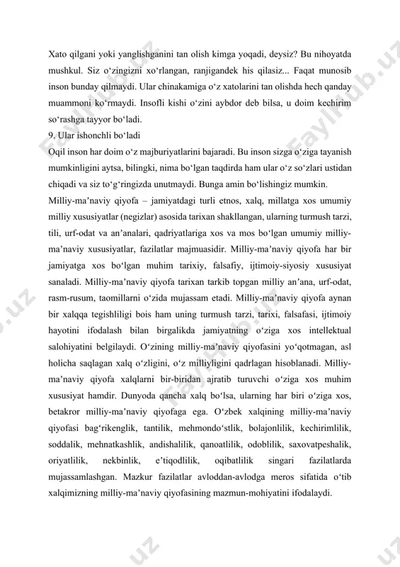 loddan-avlodga meros sifatida oʻtib xalqimizning milliy-maʼnaviy qiyofasining mazmun-mohiyatini ifodalaydi. ma’naviy-axloqiy tarbiya mohiyati, asosiy tushunchalari. jamiyatda kechayotgan ijtimoiy islohotlarning samaradorligi uning fuqarolari ega bo’lgan ma’naviyatga bog’liq. shu bois mustaqillikning dastlabki yillarida o’zbekiston respublikasi birinchi prezidenti i.a.karimov jamiyat rivojlanishi¬ning ma’naviy-axloqiy negizlarini aniq belgilab berdi. bular: • umuminsoniy qadriyatlarga sodiqlik; • xalqimizning ma’naviy merosini mustahkamlash va rivojlantirish; • insonning o’z imkoniyatlarini erkin namoyon qilishi; • vatanparvarlik. madaniyat («kultura» so’zidan olingan bo’lib, parvarish qilish, ishlov berish ma’nosini bildiradi) – ijtimoiy taraqqiyot davomida insonlarning faoliyati tufayli qo’lga kiritilib, ularning ijtimoiy ehtiyojlarini qondirishga xizmat qiluvchi moddiy va ma’naviy boyliklar tizimi. ma’rifat shaxs ongiga ilmiy bilim, axloq qoidalari hamda ijtimoiy munosabatlarni tartibga soluvchi huquqiy me’yorlarni singdirish, ta’lim-tarbiyani takomillashtirish, milliy meros va umuminsoniy qadriyatlarni o’rganish, ularni targ’ib etish maqsadida amalga oshiriladigan tadbirlar tizimi. mafkura (arabcha «mafkura» - naqtai nazar va e’tiqodlar tizimi, majmui) – jamiyatdagi muayyan siyosiy, huquqiy, axloqiy, diniy, badiiy, falsafiy, ilmiy qarashlar, shuningdek, ma’naviy-axloqiy yuksaklish, ma’rifiy-tarbiyaviy …