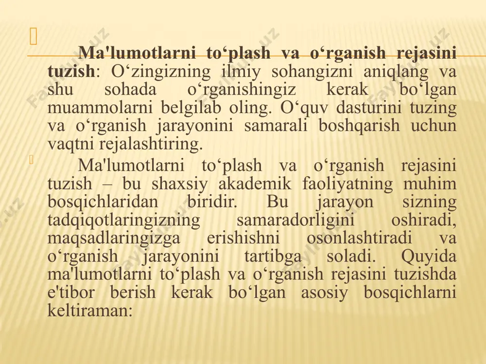 nqidiy yondashuvda yozilgan kitoblar va monografiyalarni toping. onlayn kurslar va video materiallar: ko‘p hollarda, onlayn platformalarda sohani o‘rganish uchun video darslar yoki kurslar mavjud bo‘ladi. ilmiy konferensiyalar va seminarlar: tadqiqotlar bilan tanishish va yangi yondashuvlar haqida ma'lumot olish uchun ilmiy konferensiyalarga qatnashish foydali bo‘ladi. v). ma'lumotlarni tahlil qilish va tizimlashtirish to‘plagan ma'lumotlaringizni tizimlashtirish va ularni tahlil qilish muhimdir. ma'lumotlar quyidagi usullarda tahlil qilinishi mumkin: kodlash va kategoriyalash: o‘rganish jarayonida to‘plagan ma'lumotlaringizni kodlash va kategoriyalash. masalan, biron-bir mavzu yoki usulga oid barcha ma'lumotlarni bir kategoriya ichiga joylashtirish. grafik va diagrammalar: agar sizning ma'lumotlaringiz sonli bo‘lsa, ular asosida grafik yoki diagramma yaratish orqali tahlil qilishingiz mumkin. vaqt jadvali tuzish: o‘rganish jarayonida vaqtni boshqarish uchun jadval tuzing, bu sizga ma'lumotlarni bir joyda tizimli ravishda to‘plash va o‘rganish jarayonini samarali tashkil etishga yordam beradi. g). o‘rganish usullarini tanlash ma'lumotlarni o‘rganishning bir qancha usullari mavjud. o‘rganish usulini tanlashda quyidagi yondashuvlarni ko‘rib chiqish mumkin: chuqur tahlil …