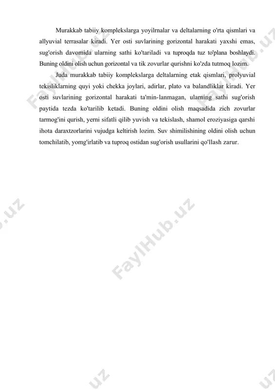 va daryo deltalarining о‘rta qismlari, quyi terrasalar qiya qumoq, yotqiziqlari qum qatlamchalari bilan aralash holda uchraydi sur-bо‘z, qumli chо‘l, taqirli turli darajada shamol eroziyasiga berilgan 5-10 5-10 va 10-30 barqaror emas juda murakkab (katta hajmda maxsus tadbirlar kompleksi zarur) konus yoyilmalari va daryo deltalarining etak qismlari, qirlar, adirlar, platolar yassi qiya, tо‘lqinsimon botiq og‘ir mexanik tarkibi yotqiziqlar (gil, og‘ir chumloq) shag‘al aralash qumloq (jipslashgan) sur-bо‘z, taqir о‘tloq, taqirli, shо‘rhok yotqiziqlar tarkibida tuz va gips mavjud shamol eroziyasiga turli darajada berilgan 3-5, 10-20 va undan pastda 10-30 va undan kо‘p juda barqaror iqlimiy resurslarni baholash iqlim resurslarining miqdor ko'rsatkichlari ko'p jihatdan qishloq xo'jalik ekinlarining turini va hosildorligini belgilab beradi. har qanday ekinlarning pishib yetilishi uchun ma'lum miqdorda issiqlik zarur bo'ladi. shuning uchun ham mamlakatimiz iqlimiy resurslarini qishloq xo'jaligi nuqtayi nazaridan baholash muhim amaliy ahamiyatga ega. vegetatsiya davrida kerakli miqdorda issiqlik mavjud bo'lsagina ekinlar urug'i unib chiqadi, rivojlanadi va pishib yetiladi. ekinlar​ning …