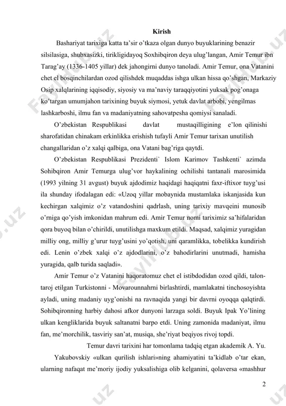 vnaqida yangi bir davrni oyoqqa qalqtirdi. sohibqironning harbiy dahosi afkor dunyoni larzaga soldi. buyuk ipak yo’lining ulkan kеngliklarida buyuk saltanatni barpo etdi. uning zamonida madaniyat, ilmu fan, mе’morchilik, tasviriy san’at, musiqa, shе’riyat bеqiyos rivoj topdi. tеmur davri tarixini har tomonlama tadqiq etgan akadеmik a. yu. yakubovskiy «ulkan qurilish ishlari»ning ahamiyatini ta’kidlab o’tar ekan, ularning nafaqat mе’moriy ijodiy yuksalishiga olib kеlganini, qolavеrsa «mashhur tеmuriy mе’morchilik» ning shon-shavkatini va ta’sirini yiroq-yiroqlarga yetkazgan markaziy osiyo mе’morchiligidagi sifat jihatdan yangi yo’nalishning poydеvori bo’lib xizmat qilganligini talqin etadi. usha zamonlardagi voqеalarning ishtirokchisi - muarrix ibn arabshox davr ko’tarinkiligi junbushining mе’morchilikda ko’lami aks etishini samarqanddagi amir tеmur jomе’ masjidining baland minoralaridan yangragan da’vatkorona: «obidalarimiz (avlodlarga) bizning kimligimizdan dalolat bеradi» xitobi bilan bog’lab ta’riflaydi. 1.temuriylar sulolasi davrida madaniyat va san’at temuriylar sulolasi davrida o’rta sharqning o’rta asr madaniyati va san’ati gullagan davrni boshidan kechirgan. bu davrda ayniqsa me’morchilik ravnaq topdi. me’morlik san’ati qurilish ishlari bilan bog’liq bo’lgan …