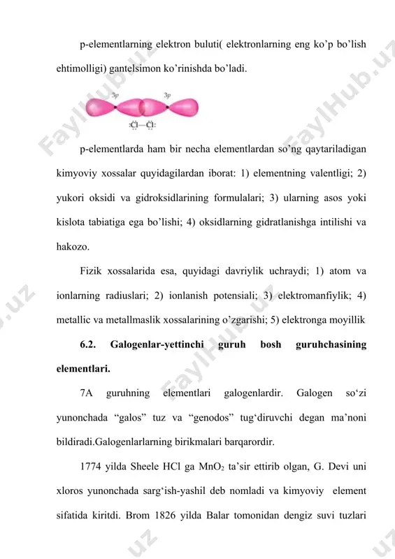 tda konlarda uchraydi. masalan, nacl – galit yoki tosh tuz, kcl·nacl – silvinit, kcl·mgcl2·6н2о-karnallit, mgsо4·кcl 3н2о kainit kabi minerallar tarkibida uchraydi. eng og‘ir galogen at tabiatda deyarli uchramaydi. uni sun’iy yadro reaksiyalari vositasida sintez qilinadi. 210 astatning eng barqaror izotopining yarim yemirilish davri atigi 8,1 soatni tashkil etadi. 6.3. galogenlarning vodorodli birikmalari galogenlarning birikmalaridan vodorodli birikmalari muhim o‘rin tutadi. bu birikmalardagi bog‘lar kovalent qutbli bog‘lardir. hf dan hi ga borgan sari bog‘ning energiyasi va vodorodli birikmasining termik barqarorligi kamayadi galogenlarning vodorodli birikmalarining suvda erishi bilan birga ularning ionlarga dissotsilanishi ro‘y beradi. kuchli vodorod bog‘lari hosil bo‘lishi tufayli hf gina kuchsiz dissotsilanadi, kuchsiz kislota. qolganlari eng kuchli kislotalar qatoriga kiradi. galogenlarning vodorodli birikmalari hf hcl hbr hi suyuq. harorati -83 -112 -85.5 -50,4 qaynash harorati 19,5 -85,7 -66,7 -35,4 bog‘ energiyasi kj/mol-1 574428 362 295 hf0кж/моль -273 -92,5 -36 +26 gf0кж/моль -271 -95.4 -53.6 +1.6 rab, нм 0,092 0,127 0,141 0,161 …