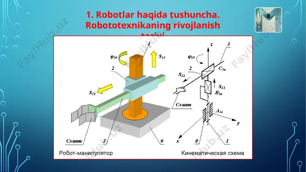 tchigi. battery pack – akkumulyator batareyasi. power unit for lower limb+angle sensors pastki oyoqlar uchun energiya ta’minlash bloki+burchak datchigi. control unit on back – orqadagi boshqaruv blogi. bio-electric signal sensors – bioelektrik signal datchiklari. floor reaction force sensor – polga ta’sir qiluvchi kuchlarni o‘lchovchi datchik. «hal 9000» ekzoskeleti 2. robot boshqaruviga inson aralashuvi darajasi bo‘yicha sinflanishi inson tomonidan boshqarish pulti orqali boshqariluvchi robotlar inson tomonidan boshqarish pulti orqali boshqariladigan robotlar – pultda, klavishlar yoki dastaklar tizimi va axborotni ko‘rsatish vositalari yordamida boshqariluvchi robotlar. robot uchun harakatga da’vat inson tomonidan boshqarish pultidan ijrochi yuritmalar tizimi orqali beriladi. 2. robot boshqaruviga inson aralashuvi darajasi bo‘yicha sinflanishi yarimavtomatik robotlar yarimavtomatik robotlarda qo‘l yordamida va avtomatik boshqarish birgalikda olib boriladi. nazorat boshqaruviga ega robotlar ham yarim avtomatik robotlarga tegishli: qachonki, operator robotga qo‘shimcha ma’lumot to‘g‘risida habar berib, uning harakatlariga aralashganda (masalan, kerakli harakatlar ketma-ketligini ko‘rsatib, maqsadli belgidan foydalangan holda). kuka quantec press yarimavtomatik sanoat …