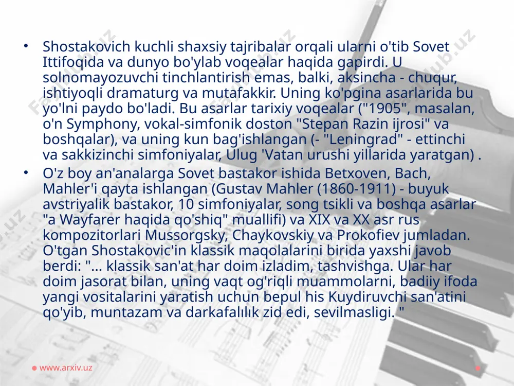 nary odamlar» (1945), "yosh guard" (1948), "berlin capture" (1949), "bo'qasining» (1955), «hamlet» (1964), "cheryomushki", "qirol lear »(1971) www.arxiv.uz sharaflaydigan va mukofotlari sotsialistik mehnat • hero (1966) rsfsr • xizmat ko'rsatgan artist (1942) rsfsr • xalq artisti (1947) sssr • xalq artisti (1954) • stalin mukofoti, birinchi sinf (1941) - pianino deganini esla uchun • stalin mukofoti, birinchi sinf (1942) - 7-("leningrad") symphony ikkinchi darajali • stalin mukofoti (1946) - trio uchun • stalin mukofoti, birinchi sinf (1950) - oratoryosunun "o'rmonlar song" va (1949) filmi "berlin kuz" uchun musiqa uchun • ikkinchi darajali (1952) ning stalin mukofoti - xori uchun o'n she'rlar inqilobiy shoir oyatlar bir cappella (1951) • lenin mukofoti (1958) - "1905" 11-orkestrining • sssr davlat mukofoti (1968) - bosh, xor va orkestr uchun she'ri "stepan razin ijrosi" uchun rsfsr • glinka davlat mukofoti (1974) - 14 torli kvartet va xor tsikli "fidelity" uchun taras shevchenko (- vafotidan keyin …