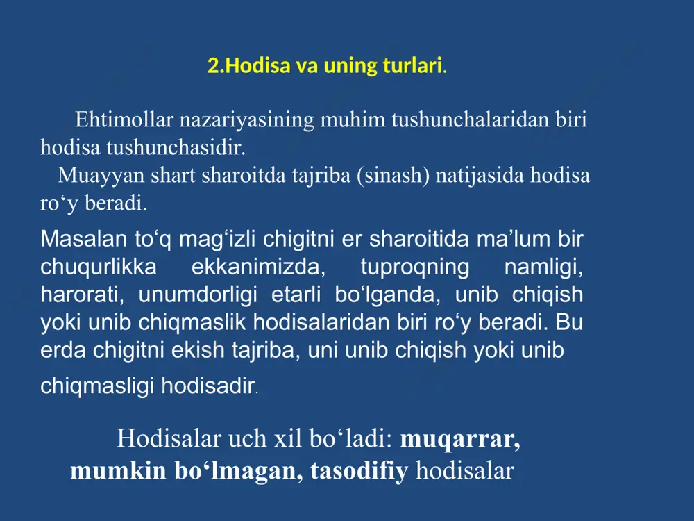 berishiga olib keladigan elementar natijalarni bu hodisaning ro’y berishiga qulaylik tug’diruvchi imkoniyatlar soni, yoki muvaffaqiyatlar soni deymiz. ta’rif: a hodisaning ehtimoli deb, muvaffaqiyatlar sonining barcha imkoniyatlar soniga nisbatiga aytiladi va quyidagicha belgilanadi: bu yerda m – muvaffaqiyatlar soni, yani qulaylik tug’diruvchi imkoniyatlar soni; n – sinashning mumkin bo’lgan barcha elementar natijalar soni; p – ehtimol belgisi xossalari: 1) muqarrar hodisaning ehtimoli 2) mumkin bo’lmagan (muqarrar bo’lmagan) hodisaning ehtimoli 3) tasodifiy hodisaning ehtimoli misol- 2. спортлото сл(36; 6) . misol-1: tekshirishda aniqlandiki, har 8ta qorako‘l terisidan 1 donasi nostandart(sifatsiz). tavakkaliga olingan 3 ta qorako‘l terini barchasini standart bo‘lish ehtimolini toping. yechish: ehtimolning klassik ta’rifidan foydalanamiz. bunda , m = . p(a) = . nisbiy chastota. chastota, nisbiy chastotalar tushunchasi. hodisaning nisbiy chastotasi deb, hodisa ro’y bergan sinashlar sonining aslida o’tkazilgan jami sinashlar soniga nisbatiga aytiladi va kabi belgilanadi. bu yerda - hodisaning ro’y berishlar soni n - sinashlar soni turli najribalarda …