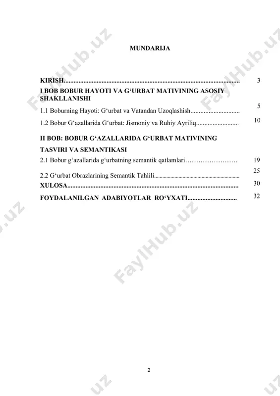 y iztiroblar, qalbdagi bo‘shliq, vatan sog‘inchining ifodasi sifatida ham ko‘rinadi. uning she’rlarida g‘urbat, ko‘pincha, yurtdan ayrilishning chuqur psixologik va ma'naviy oqibatlarini tasvirlash uchun ishlatiladi. bobur g‘azallarida g‘urbat bir tomondan, shaxsiy iztirobni, yurtdan uzoqlashishni aks ettirsa, ikkinchi tomondan, bu holat uning shaxsiy o‘sishiga, sabr va chidamga, hayotni chuqurroq anglashga olib keladigan bir jarayon sifatida tasvirlanadi. shuningdek, g‘urbat bobur uchun muhabbat, milliy qadriyatlar, til va madaniyatga bo‘lgan muhabbat bilan chambarchas bog‘liqdir. bobur g‘azallarida, g‘urbatni yurtdan, ona tilidan, sevimli odamlaridan ayrilish sifatida tasvirlab, bularni o‘zining ruhiy izlanishlari va ma'naviy tarbiyasi bilan bog‘laydi. shu bilan birga, u g‘urbatni insonni chuqurroq tushunishga, hayotga yangi nigoh bilan qarashga undovchi, sabr va mashaqqatlar orqali ma'naviy yetuklikka erishish jarayoni sifatida ham ko‘rsatadi. kurs ishining maqsadi: ushbu kurs ishida, bobur g‘azallarida g‘urbat mativlari qanday tasvirlanganini, uning she'riyatidagi ruhiy, ma'naviy va ijtimoiy jihatlarini tahlil qilamiz. boburning g‘urbatga bo‘lgan munosabatini, uning shaxsiy tajribalarini va ushbu mativning uning asarlarida qanday aks etishini …