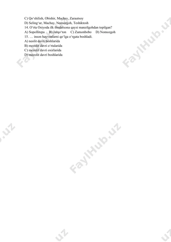 lit davri o‘rtalarida c) mezolit davri oxirlarida d) mezolit davri boshlarida 1 - mavzu. yuksak intellektual salohiyatli, ma’naviy barkamol avlodni tarbiyalash, komil insonni voyaga etkazishda o’zbekiston respublikasining eng yangi tarixining tutgan o‘rni. nazorat savollari: 1. “o’zbekistonning eng yangi tarixi” fanining predmenti nimadan iborat? 2. “o’zbekistonning eng yangi tarixi” fanining obyekti nimadan iborat? 3. o’zbekiston tarixi fanini o’rganishda tarixiy manbalarning o’rni qanday? 4. “o’zbekistonning eng yangi tarixi” davrini o’rganishning ahamiyati nimadan iborat? 5. o’zbekistonning eng yangi tarixi bo’yicha jamoatchili k kengashining asosiy vazifalari nimalardan iborat? 6. “o’zbekistonning eng yangi tarixi” fanida ,,ibtidoiy urug’chilik jamoasi” davri qnday ahamiyat kasb etadi? 7. o’rta paleolit davriga oid qanday arxeologik yodgorliklar aniqlangan? 8. “o’zbekistonning eng yangi tarixi” davrini o’rganishda ,,avesto”ning ahamiyati nimalardan iborat? 9. “avesto”da jamiyat boshqaruv tartibi qanday aks ettirilgan? 10. o’zbekiston tarixining jahon tarixi bilan bevosita uyg’unligi nimalarda namoyon bo’ladi? tayanch so‘z va iboralar: o‘zbekistonning eng yangi tarixi, fanning predmeti, ob’ekti, nazariy - …