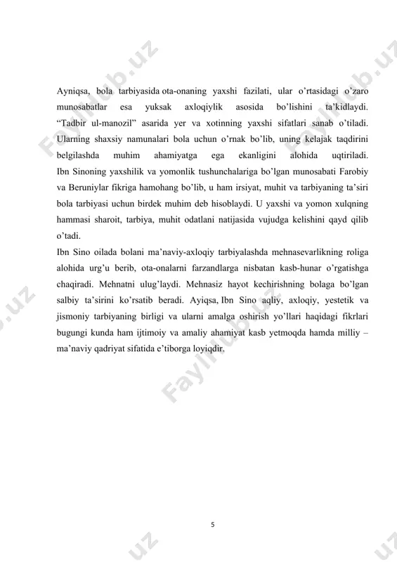 ayli milliy-axloqiy qadriyatlarimiz asrlar osha avlodlardan-avlodlarga o’tib kelmoqda. chunki bir tomchi bo’lsa ham ularning qoni tomirimizda oqayotir. ana shu qonni jo’sh urdirmoq bilan yuraklarimiz uyg’oq, dilimiz ravshan, tafakkurimiz munavvar. ana shunday kayfiyat bizning dilimizda ko’p yillardan beri yashirinib kelinar edi. endilikda milliy istiqlol tufayli milliy-axloqiy qadriyatlarimiz qaytadan tiklandi. ulardan bolalarni ma’naviy jihatdan tarbiyalashda foydalanish oilaviy tarbiyamiz uchun obektiv zarurtga aylandi. sharq xalqlarining bir necha ming yillar mobaynida yaratgan bebaho odob-axloq qoidalari, qadriyatlari mavjud. ularni qaytadan tiklash va hayotga tadbiq etish muhim masalalardan biridir. sharq mutafakkirlarining ilmiy merosida ta’lim-tarbiya masalalari muhim o’rin egallaydi. ayniqsa, ular oila va oilada farzand tarbiyasiga katta e’tibor berganlar. zero yosh avlod tarbiyasi insoniyatning kelajak taqdirini belgilaydigan, ularni ijobiy mezon bilan qurollantiradigan sifatlar bo’lganligi uchun ham mutafakkirlar bu muammoni hal qilishga harakat qilib kelganlar. muhamad ibn muso al xorazmiy, abu nosr farobiy, abu rayhon beruniy, abu ali ibn sino, muhamad qoshg’oriy, yusuf xos hojib, kaykovus, umar xayyom, …