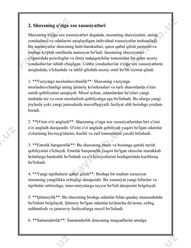 ash va so'z erkinligiga, ta'lim olishga, sog‘lom muhitda yashashga bo'lgan huquqlardir. barcha huquqlar milliy qonunchilik hamda xalqaro an'analar bilan kafolatlanadi. shaxsning ijtimoiy rollarini ko'rib chiqish muhimdir. u ushbu rollar orqali jamiyatda turli xil vazifalarni bajaradi. shaxsning ijtimoiy rollari uning oilada, ishda, do'stlar orasida yoki keng jamiyatda qanday vaziyatda yo'naltirilganiga bog'liq. har bir shaxs bir necha ijtimoiy rolni bajarishi mumkin, masalan, ota-ona, ishchi, rahbar va boshqalar. jamiyat esa o'z niyyatlarida, maqsadlarida va faoliyatlarida shaxslar o'rtasidagi munosabatlarni tashkil etadi va nazorat qiladi. jamiyatdagi asosiy tizimlar orasida iqtisodiy, siyosiy, ma'naviy va ijtimoiy tizimlar muhim rol o‘ynaydi. iqtisodiy tizim jamiyatda resurslarning taqsimlanishi va foydalanilishini boshqaradi; siyosiy tizim esa jamiyatni boshqarishning institutlarini va qoidalarini belgilaydi; ijtimoiy tizim har bir fuqaroning ijtimoiy xavfsizligini ta’minlaydi. ma’naviy tizim esa jamiyatning axloqiy hamda madaniy qiyomatlarini tayin etadi. yangilangan statistik ma'lumotlarga ko'ra, o'zbekistonda muayyan yosh guruhlari orasida aholining asosiy qismini tashkil etuvchi shaxslarning o'rtacha yoshi 30 yoshga teng. aholining taxminan …