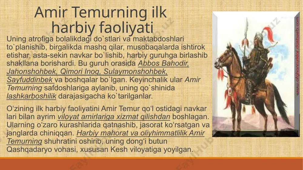 hi ko‘tarilgan bu xalq harakati tarixda sarbadorlar harakati nomi bilan shuhrat topadi. samarqand sarba dorlariga mudarris mavlonozoda samarqandiy, hunarmand abu bakr kalaviy va shahar mahallalaridan birining oqsoqoli, mohir mergan xurdaki buxoriylar boshchilik qiladilar. chorasiz qolgan ilyosxo‘ja avval samarqandni, so‘ngra esa butun movarounnahrni tashlab chiqib ketishga majbur bo‘ladi. abu bakr kalaviy bilan xurdaki buxoriylar amir husayn buyrug‘iga ko‘ra dorga tortiladilar. bundan kech xabar topgan amir temur mavlonozodaning hayotini amir husayndan so‘rab oladi va uni o‘limdan qutqarib qoladi. sarbadorlar (forscha “sar” – bosh, “dor” – dor; boshini dorga tikkanlar) – xiv asrda eron va o‘rta osiyoda mo‘g‘ullar zulmiga qarshi xalq qo‘zg‘oloni qatnashchilari. qo‘zg‘olonda keng xalq ommasi ishtirok etgan. sarbadorlar maqsadga erishish uchun ozodlik yo‘lida dorga osilishga ham tayyormiz degan shior ostida kurash olib borganlar amir husaynga qarshi janglar xiv asrning 60-yillarida movarounnahrda hukm surgan og‘ir siyosiy va iqtisodiy vaziyat mamlakatni birlashtirib, kuchli bir davlat tashkil etishni talab qilmoqda edi. amir temur o‘z …