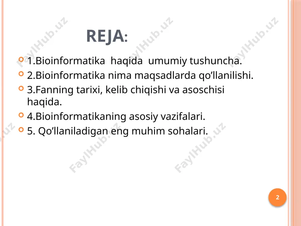 i. ayni vaqtda farmatsevtika, biotexnologiya, meditsina, biokimyo, biofizika, ekologiya, filogenetika, genetika kabi sohalarda bioinformatika fani va uning metodlariga bo’lgan talab kundan kunga ortib bormoqda. hattoki klassik fanlardan hisoblangan sistematika, zoologiya, botanika fanlari ham so’nggi o’n yillikda bioinformatikaga tez-tez murojaat qilmoqda. ayniqsa turlarni aniqlash borasida bioinformatika usullaridan keng foydalanilmoqda. 5 bioinformatika faning qisqacha tarixi 1970-yilda niderland nazariyotchi biologi polina hogeveg va ben hesper biotik tizimdagi informatsion jarayonlarni tadqiq etish davomida “bioinformatika” degan terminni qo’llagan. dastlab 1950-yillarda frederik senjer insulin oqsilining ketma-ketligini aniqlagan vaqtdayoq molekulyar biologiya fanida kompyuterlarning ahamiyati orta boshlagan. boisi bir necha xil organizmlardagi insulin oqsilining ketma-ketligi tartibini o’zaro qo’lda solishtirib chiqish amaliy jihatdan imkonsiz bo’lgan. bu sohada ishlagan ilk tadqiqotchilardan biri margaret oukli deyxoff edi. u birinchilardan bo’lib oqsil ketma-ketligi haqidagi ma’lumotlarni to’plab, uni kitob holida chop etdi va ilk marotaba molekulyar evolutsiya sohasida o’zaro bir qatorga jamlangan oqsil yoki nukleotidlar ketma-ketligini qo’llash metodikasini ishlab chiqdi. ncbi direktori devid …