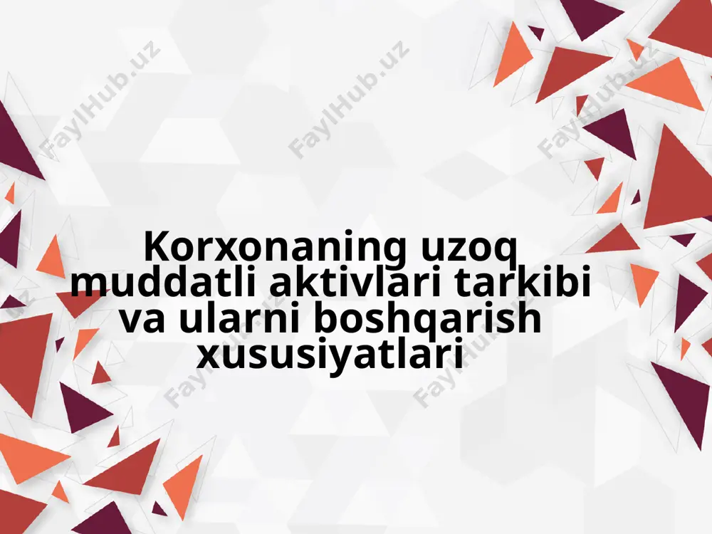 u aktivlarni qisqa muddatli oraliqda operativ boshqarish samaradorligi pastdir, bozor konyunkturasidaga salbiy o`zgarishlar ta’sirida bu aktivlarni tezda o`zgartirish va yangi mahsulot ishlab chiqarishga moslashtirish imkoni cheklangan; v) bu aktivlarning ko`p qismi past likvidli aktivlar sirasiga kiritiladi va zarur paytlarda korxona majburiyatlari bo`yicha to`lovlar uchun pul mablag`lariga aylantirish tezligi pastdir. asosiy vositalar — ishlab chiqarish jarayonida bir yildan ortiq muddatda ishlatiladigan, har bir donasining narxi sotib olish paytida eng kam oylik ish haqining ellik baravaridan yuqori bo`lgan, kelgusida korxona iqtisodiy naf keltiradigan aktivlar kiradi. ishlab chiqarish jarayonida ular asta-sekin eskirib boradi. asosiy vositalarga yer, yerni obodonlashtirish, bino va inshootlar, asbob va uskunalar, hisoblash texnikasi, ofis mebeli, transport vositalari, ishchi va mahsuldor hayvonlar va boshqalar kiradi. nomoddiy aktivlar — moddiy ko`rinish va shaklga ega bo`lmagan biroq ishlab chiqarish jarayonida bir yildan ortiq muddatda ishlatiladigan, hisobda boshlang`ich bahosiga ega bo`lgan va ishlab chiqarish jarayonida eskirib boradigan aktivlarga aytiladi. - ixtirolardan foydalanish uchun olinadigan …