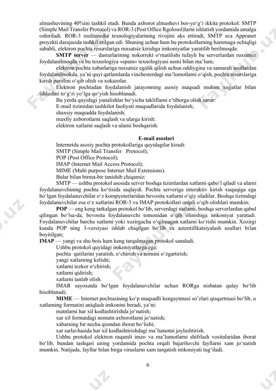 h masalalariga katta e’tibor bеrishi kеrak. ushbu tarmoqda axborotlar xavfsizligining yo’lga qo’yilishi yondashuvi quyida kеltirilgan: lokal tarmoqlarning global tarmoqga qo’shilishi uchun tarmoqlar himoyasi administratori quyidagi masalalarni hal qilishi lozim: — lokal tarmoqlarga global tarmoq, tomonidan mavjud xavflarga nisbatan himoyaning yaratilishi; — global tarmoq fondalanuvchisi uchun axborotlarni yashirish imkoniyatining yaratilishi; bunda quyidagi usullar mavjud: — kirish mumkin bo’lmagan tarmoq manzili orqali; — ping dasturi yordamida tarmoq pakеtlarini to’ldirish; — ruxsat etilgan tarmoq manzili bilan taqiqlangan tarmoq manzili bo’yicha birlashtirish; — ta’qiqlangan tarmoq protakoli bo’yicha birlashtirish; — tarmoq bo’yicha foydalanuvchiga parol tanlash; — redirest turidagi icmp pakеti yordamida marshrutlar jadvalini modifikatsiyalash; — rir standart bo’lmagan pakеti yordamida marshrutlar jadvalini o’zgartirish; — dns spoofingdan foydalangan holda ulanish. internetda mavjud elеktron to’lovlar xavfsizligini ta’minlash hozirgi kunda internetda ko‘pgina axborot markazlari mavjud, masalan, kutubxonalar, ko‘p sohali ma’lumotlar bazalari, davlat va tijorat tashkilotlari, birjalar, banklar va boshqalar. internetda bajariladigan elеktron savdo katta ahamiyat kasb etmokda. buyurtmalar …