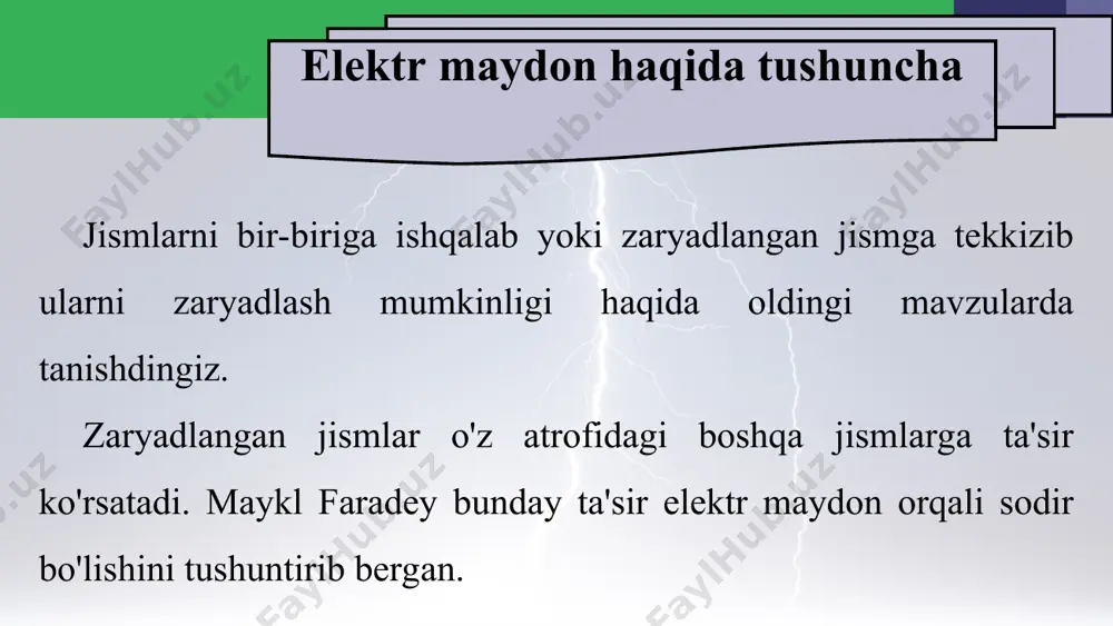 yaddan boshlanib, manfiy zaryadda tugaydi yoki cheksizlikda tugaydi. musbat ishorali va manfiy ishorali zaryadlangan sharchalarning alohida turgan holdagi elektr maydon kuch chiziqlari 16-a,b rasmlarda va ularning o'zaro ta'sirlashgan holdagi elektr maydon kuch chiziqlari turlicha bo'lishi 16-d, e rasmlarda tasvirlangan. elektr maydon kuchlanganligi elektr maydonning unga kiritilgan elektr zaryadiga ta'sirini miqdor jihatdan baholash uchun elektr maydon kuchlanganligi deb atahivchi kattalik kiritilgan va u e harfi bilan belgilanadi. musbat q zaryadli sharcha hosil qilgan elektr maydonning a nuqtasiga musbat qo nuqtaviy zaryadni kiritaylik (17-rasm). sharchaning maydoni nuq­taviy zaryadga malum f kuch bilan ta'sir ko'rsatadi. q zaryadning a nuqtada hosil qilgan elektr maydon kuchlanganligi quyidagicha ifodalanadi: elektr maydon kuchlanganligi nuqtaviy zaryadga maydon tomonidan ta'sir qiladigan kuchning shu zaryadga nisbatiga teng. elektr maydon kuchlanganligi (e) ning yo'na-lishi^i nuqtada musbat zaryadga ta'sir etadigan kuch f ning yo'nalishi bilan bir xil bo'ladi (18-rasm). elektr maydon kuchlanganligi vektor kattalikdir. maydon kuchlanganligining birligi n/c da ifo-dalanadi. nuqtaviy zaryadning …
