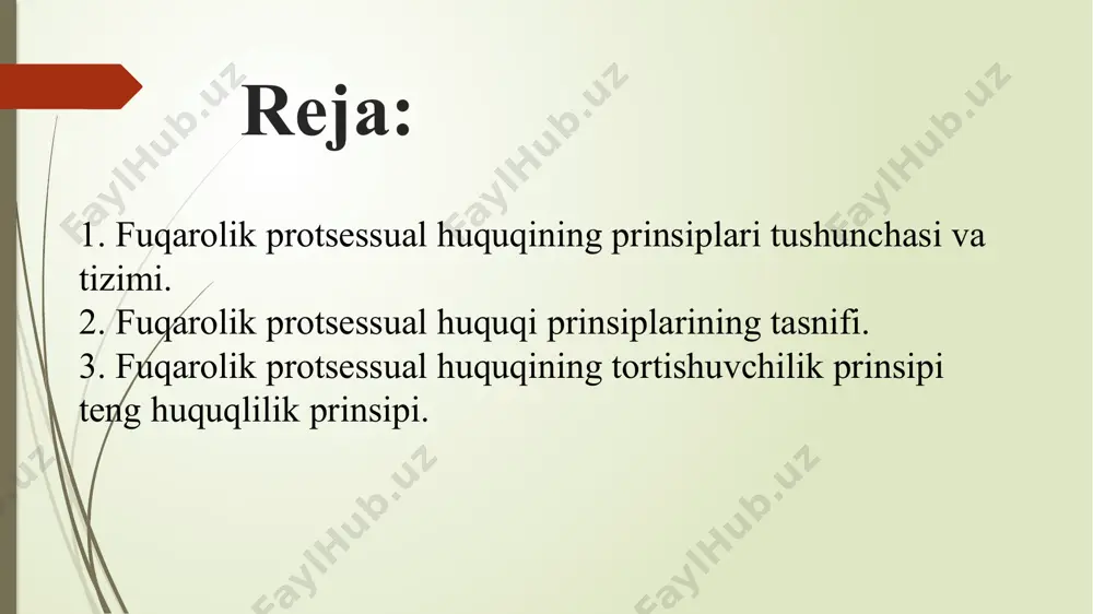 plarining tasnifi odil sudlovning faqat sud tomonidan amalga oshirilishi. fuqarolik protsessual huquqining tashkiliy-funksional prinsiplari qatorida odil sudlovning faqat sud tomonidan amalga oshirilishi muhim o‘rin tutadi («sudlar to‘g‘risida»gi qonunning 3-moddasi). o‘zbekiston respublikasining konstitutsiyasida mamiakatimizda sud hokimiyatining qonun chiqaruvchi va ijro etuvchi hokimiyatlardan, siyosiy partiyalardan, boshqa jamoat birlashmalaridan mustaqil holda ish yuritishi alohida belgilab qo‘yilgan. sudlarning odil sudlovni amalga oshirish borasidagi faoliyatiga biron-bir tarzda aralashishga yo‘l qo‘yilmasligi va bunday aralashish qonunga muvofiq javobgarlikka sabab bo‘lishi kabi qoidalaming o‘zbekiston respublikasi konstitutsiyasida (112-modda) belgilab qo‘yilishi muhim ahamiyat kasb etadi. sudyalarni saylash va tayinlash prinsipining mohiyati shundan iboratki, unga ko‘ra, fuqarolik ishlari qonun hujjatlarida belgilangan tartibda saylanadigan va tayinlanadigan sudyalar tomonidan amalga oshiriladi. konstitutsiyaga ko‘ra, o‘zbekiston respublikasi konstitutsiyaviy sudi, 0 ‘zbekiston respublikasi oliy sudi, 0 ‘zbekiston respublikasi oliy xo‘jalik sudi, qoraqalpog‘iston respublikasi fuqarolik va jinoyat ishlari bo'yicha oliy sudlari, qoraqalpog‘iston respublikasi xo‘jalik sudi sudyalari besh yil muddatga saylanadilar. fuqarolik va jinoyat ishlari bo‘yicha viloyat va …