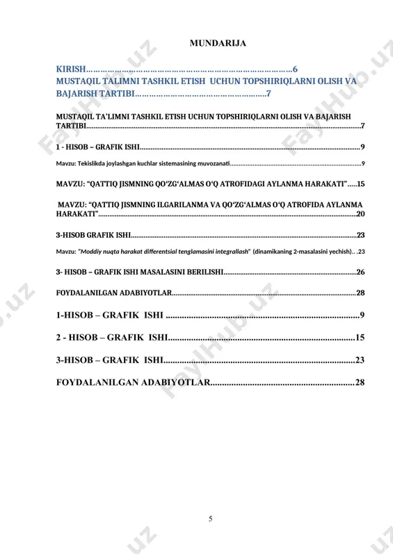 lgan skalyar miqdorga aytiladi: mo( )= +p·h1, mo( )= -q·h2. musbat (+) va manfiy (-) ishoralarning qoʻyilishiga sabab, berilgan kuchlar tekis jismni o nuqta atrofida ikki xil tomonga, soat mili aylanishi boʻyicha yoki soat mili aylanishiga teskari, aylantirishi mumkin. nazariy mexanikada xuddi fizika fani kabi “oʻng vint qoidasi” – soat mili aylanishiga teskari harakatni (+), soat mili boʻyicha aylanishni (-) deb qabul qilingan, chunki biz yashayotgan yer shari ham shimoldan qaraganda oʻz oʻqi atrofida soat mili aylanishiga teskari aylanadi. kuch yelkasi esa, aylanish nuqtasi o dan kuchlarning ta’sir chizigʻigacha boʻlgan eng yaqin masofa ekan. oxirgi tengliklarni umumlashtirib, kuch momentining asosiy formulasiga ega boʻlamiz: mo( ) = ± f·h. (2) kuch momentining birligi [n·m] hisoblanadi. yuqoridagi tushunchani mustahkamlash uchun quyidagi misolni koʻraylik. d) muvozanat tenglamasi: agar jism tekislikda ixtiyoriy joylashgan kuchlar sistemasi ta’sirida muvozanatda boʻlsa, kuchlar sistemasining bosh vektori va bosh momenti m0 nolga teng boʻlishi lozim (3-rasm): (3) 3- rasm …
