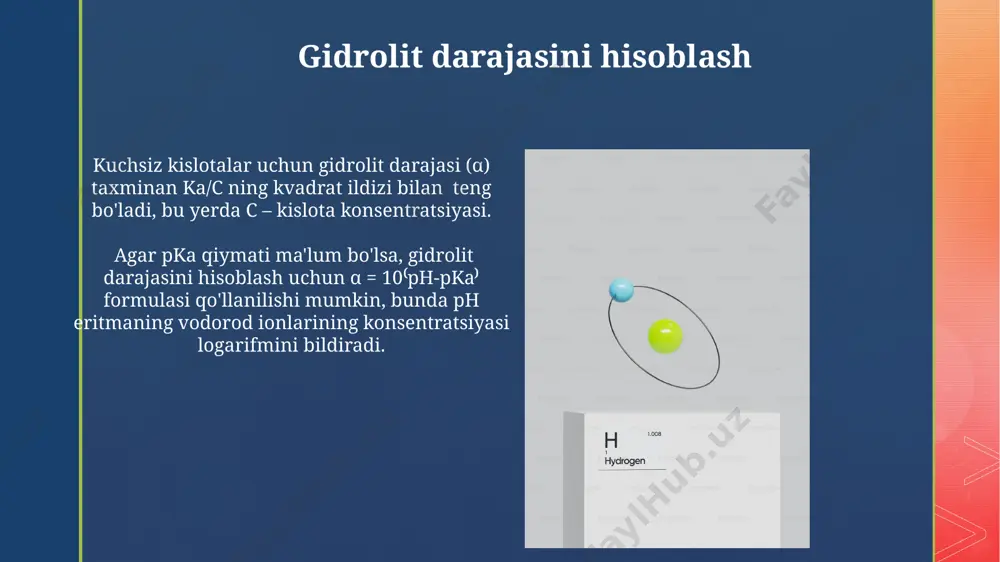 asoslarning gidroliz darajasi, kislota yoki asosning dissotsilanish konstantasi (ka yoki kb) ga teskari proportsionaldir; ka yoki kb qiymati qanchalik kichik bo'lsa, gidroliz darajasi shuncha yuqori bo'ladi. ph = 7 dan farq qiluvchi gidroliz mahsulotlarining hosil bo'lishi, kuchsiz kislota va asosning gidroliz reaksiyasi natijasida hosil bo'lgan eritmaning ph ni 7 dan yuqori yoki pastroq bo'lishiga olib keladi. gidrolit konstantasi va suvning ion mahsuloti o'rtasidagi bog'liqlik kuchsiz kislotalar va asoslarning gidrolizlanish darajasi ularning dissotsilanish konstantasi va suvning ion mahsuloti (kw) o'rtasidagi bog'liqlik orqali aniqlanadi. gidrolit konstantasi (kw) suvning ion mahsuloti bo'lib, 25°c da kw = 1,0 × 10⁻¹⁴ ga teng va bu qiymat suvning o'z-o'zidan ionlanish darajasini aks ettiradi. e'tiboringiz uchun rahmat @taqdimot_robot image4.jpg image5.jpg image6.jpg image7.jpg image8.jpg image9.jpg image10.jpg image11.jpg image12.jpg image13.jpg image14.jpg image2.png image3.png