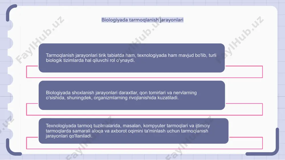 da tarmoqlanish jarayonlari to‘qnashuv yoki parchalanish hodisasi vaqtida zarraning ikki yoki undan ortiq zarrachalarga bo‘linishini anglatadi. bu hodisa zarrachalarning o'zaro ta'sirida sodir bo'ladigan parchalanish va tarqalish jarayonlarini tushunish uchun asosdir. olim va muhandislar tirik tabiat va texnologiyadagi, shuningdek, zarralar fizikasidagi tarmoqlanish jarayonlari tamoyillarini o‘rganish va tushunish orqali murakkab tizim va zarrachalarning o‘sish qonuniyatlari, tarmoqlanish tuzilmalari va dinamikasi haqida tushunchaga ega bo‘lishlari mumkin. qaror qabul qilishda tarmoqlanish jarayonlari tarmoqlanish jarayonlari tirik tabiat va texnologiyada hal qiluvchi rol o'ynaydi, o'sishni, takrorlashni va qaror qabul qilishni osonlashtiradi. tirik tabiatda shoxlari asosiy magistraldan cho'zilgan, daraxtning quyosh nurini ko'proq ushlab, urug'ini tarqalishiga imkon beradigan daraxtlar kabi biologik tizimlarda shoxlanish jarayonlarini kuzatish mumkin. texnologiyada tarmoqlanish jarayonlari qaror qabul qilish algoritmlarida qo'llaniladi, bu erda turli xil tanlovlar o'rganiladi va baholanadi, bu esa optimal echimlarga olib keladi. hisoblash biologiyasida tarmoqlanish jarayonlari tarmoqlanish jarayonlari tirik tabiatda ham, texnologiyada ham keng tarqalgan bo'lib, biologik tizimlarni shakllantirishda hal qiluvchi rol o'ynaydi. …