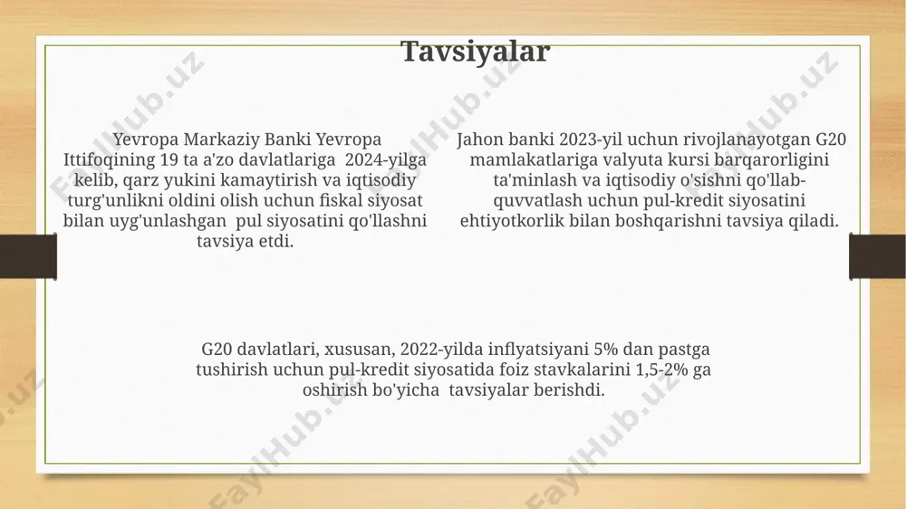 qilishni talab qildi. g20 davlatlarining 2021-yilda bank sektorini tartibga solish bo'yicha choralariga ko'ra, kapital talablari o'rtacha 12% ga oshdi, bu esa xalqaro moliyaviy barqarorlikni ta'minlashga qaratilgan. g20 tarkibiga kiruvchi davlatlarning iqtisodiyotlari hindiston va braziliya kabi ba’zi g20 a’zolari nisbatan tezroq iqtisodiy o‘sish sur’atlarini namoyish etmoqdalar, 2023-yilda taxminan 6% atrofida. g20ga a’zo davlatlarning yalpi ichki mahsuloti (yaim) jahon yaimining 85% dan ortig‘ini tashkil etadi, bu esa ularning global iqtisodiyotdagi ulkan ta’sirini ko‘rsatadi. 2022-yilda g20 davlatlarining aksariyatida inflyatsiya yuqori bo‘lib, aqsh va yevropa ittifoqida 8% dan oshdi, bu esa markaziy banklarni foiz stavkalarini oshirishga majbur qildi. ishsizlik darajasini kamaytirish 2022 йилда жанубий африка республикасидаги ишсизлик даражаси 32,5% ни ташкил этган бўлиб, бу мамлакатнинг монетар сиёсатининг самарадорлигига шубҳа уйғотади. европа иттифоқининг 2023 йилги маълумотларига кўра, ишсизлик даражаси 6,1% га тушиши кутилмоқда, бу эса монетар сиёсатнинг ижобий таъсирини кўрсатади. япониядаги ишсизлик даражаси 2021 йилда 2,8% ни ташкил этиб, мамлакатнинг мустаҳкам иқтисодиёти ва самарали монетар …